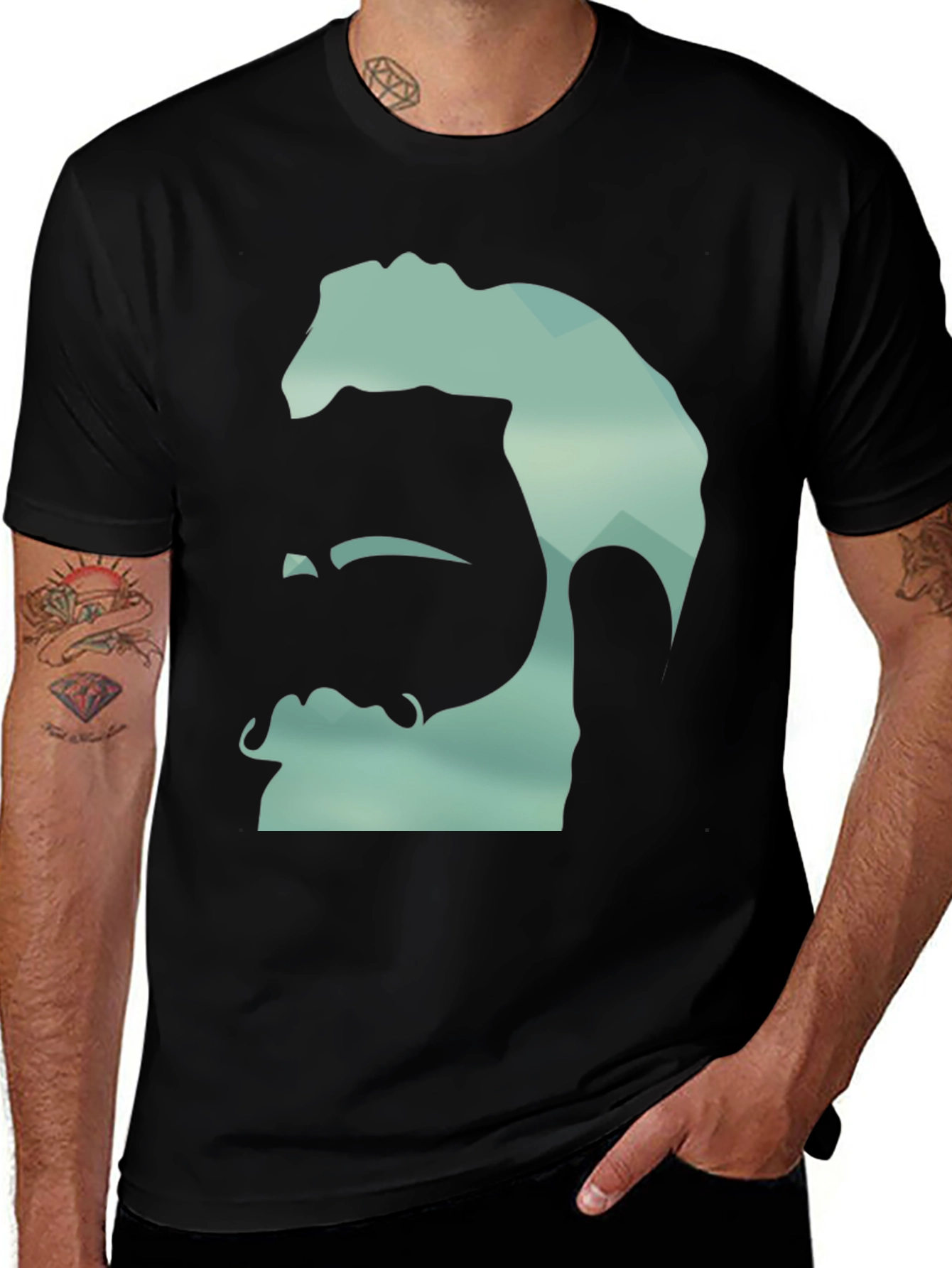 Geometric Bearded Man Graphic Tee - Black