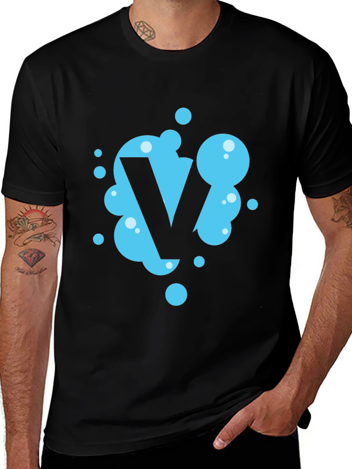 Cool Blue Bubble Letter V Black T-Shirt