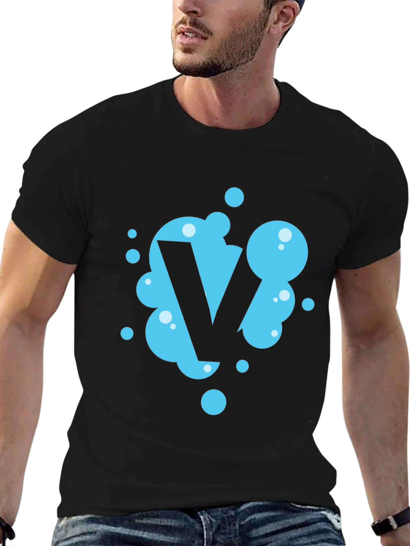 Cool Blue Bubble Letter V Black T-Shirt