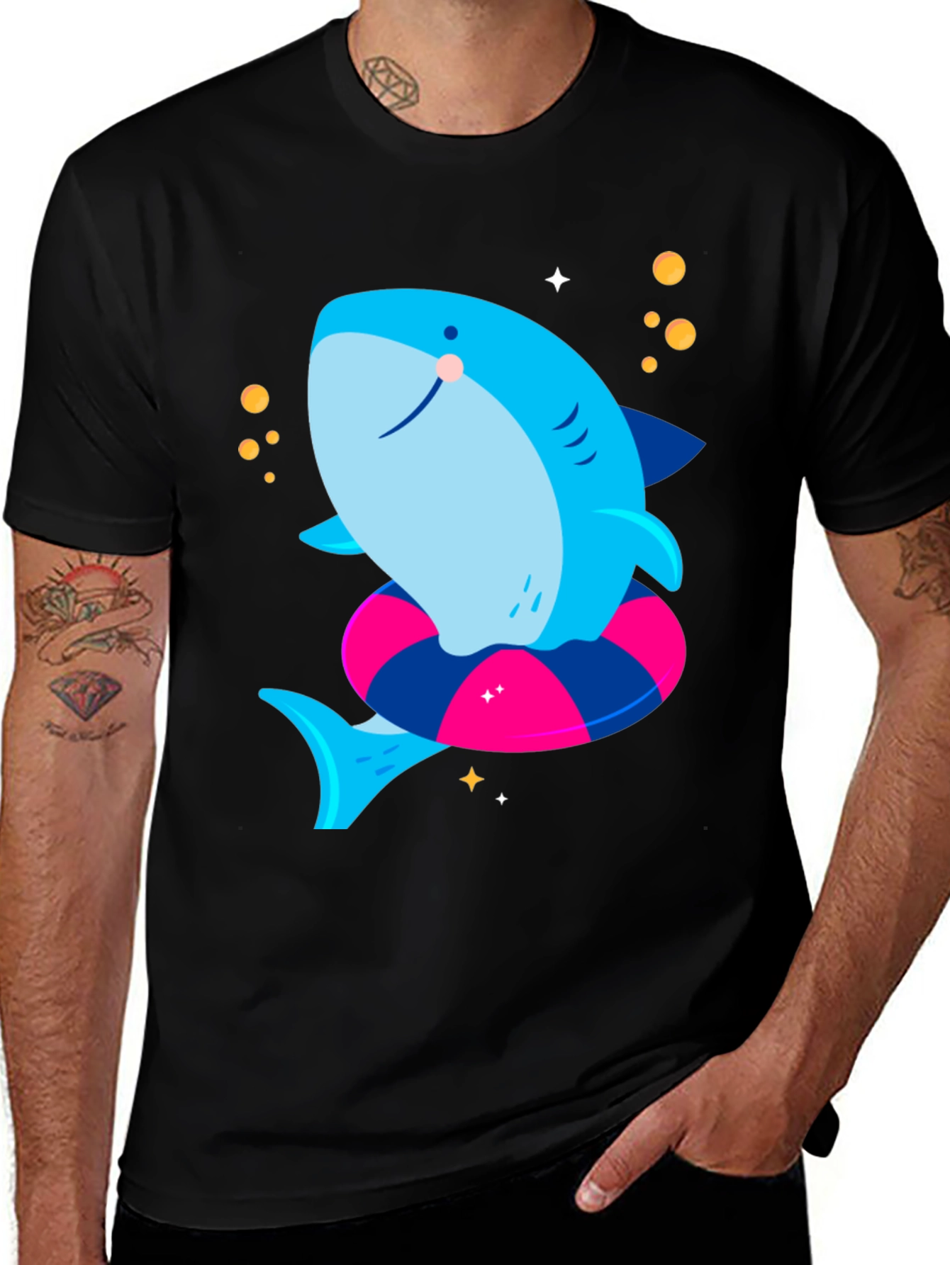 Cute Shark T-Shirt with Inflatable Ring - Black Tee