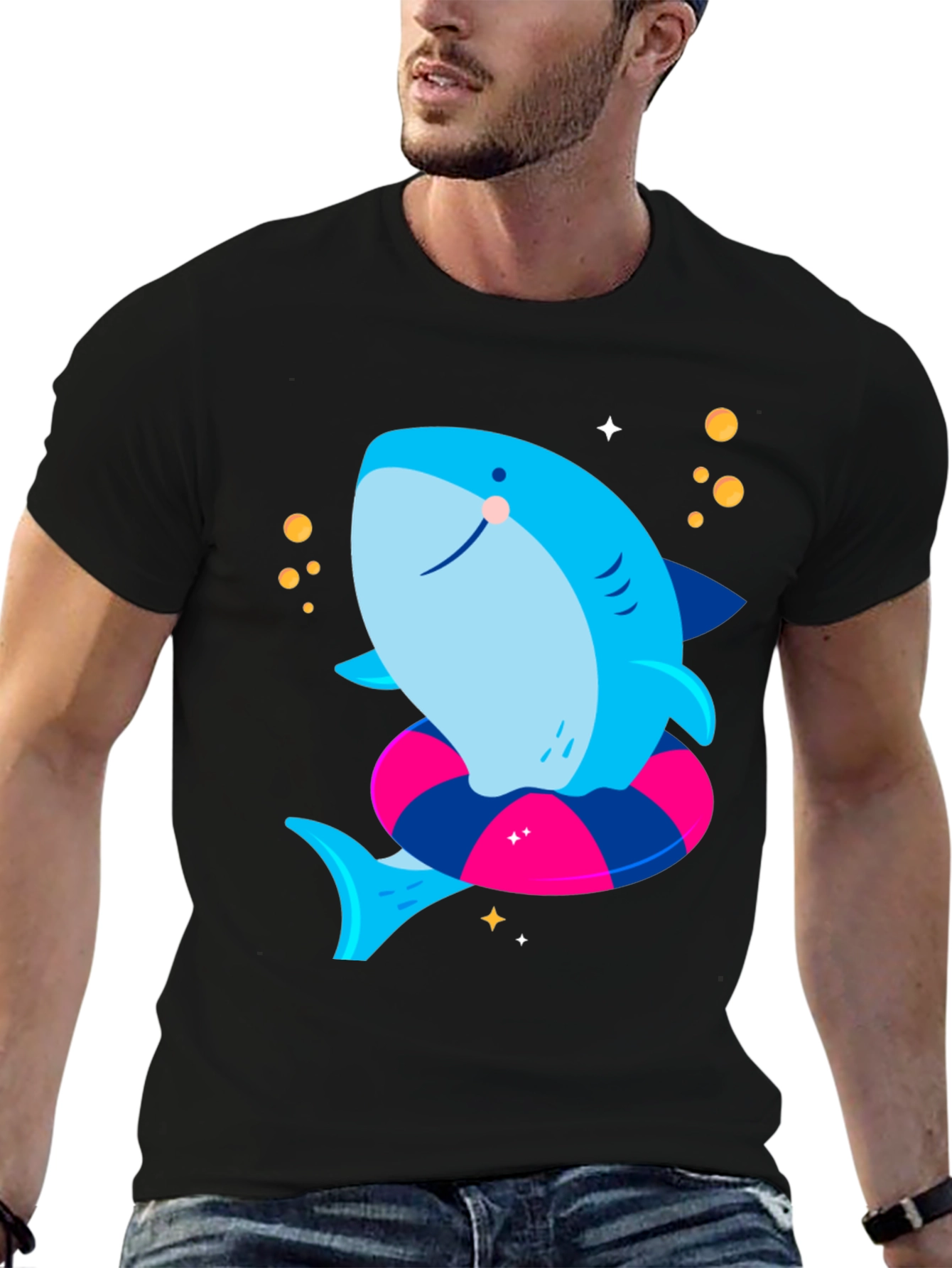 Cute Shark T-Shirt with Inflatable Ring - Black Tee