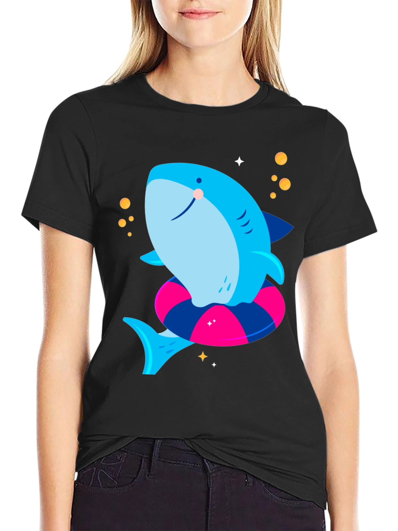 Cute Shark T-Shirt with Inflatable Ring - Black Tee