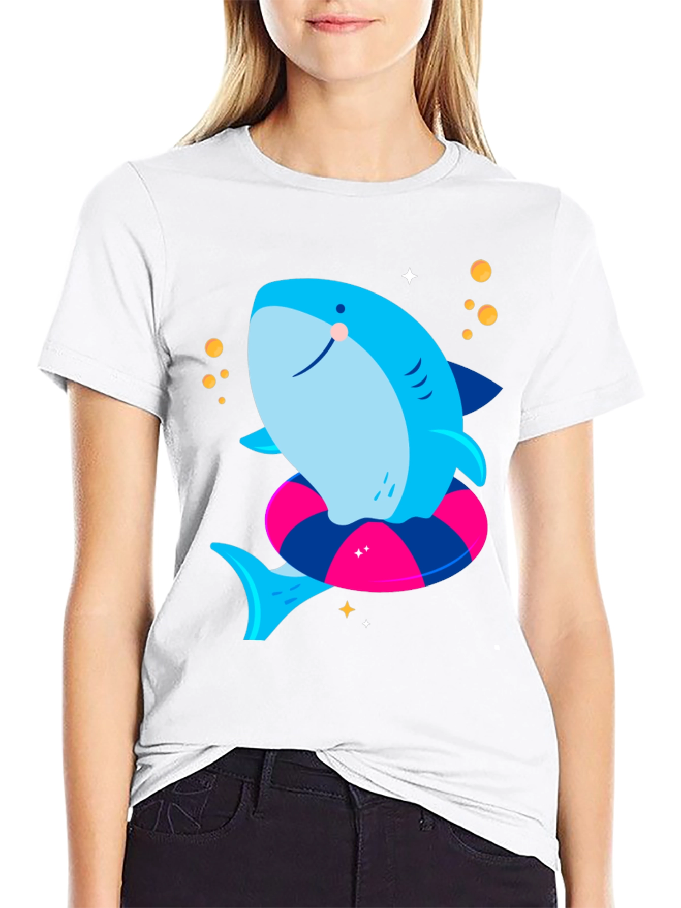 Cute Shark T-Shirt with Inflatable Ring - Black Tee