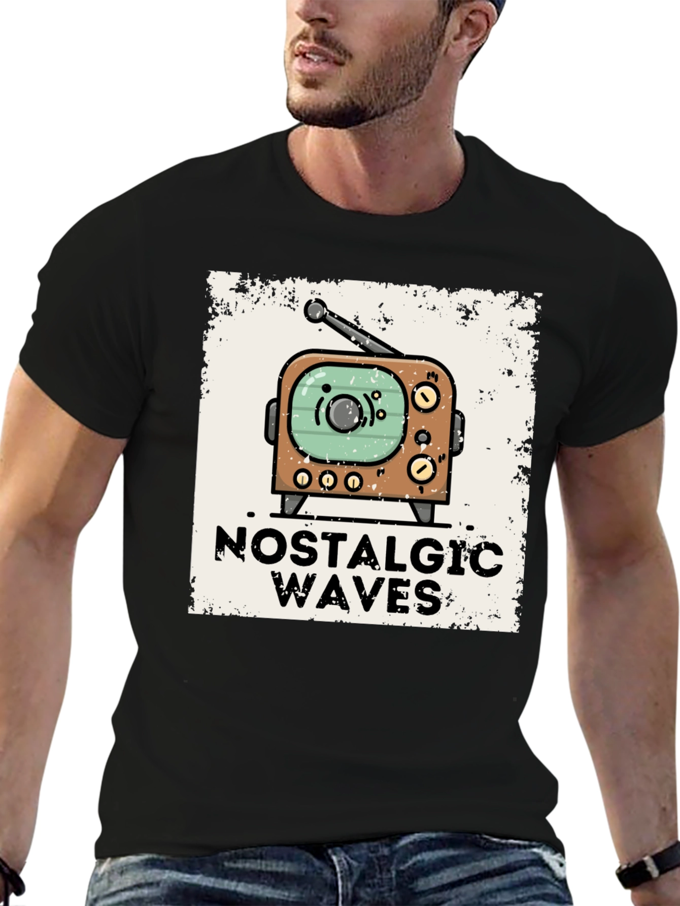 Nostalgic Waves Retro TV Graphic Tee - Black
