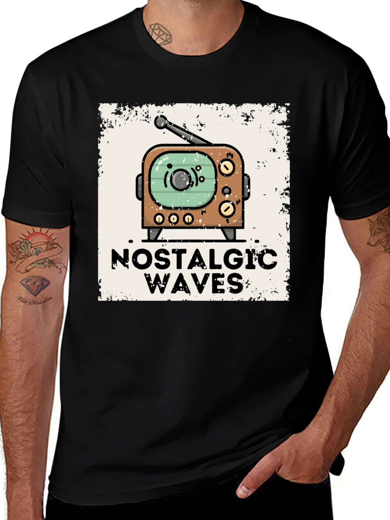 Nostalgic Waves Retro TV Graphic Tee - Black
