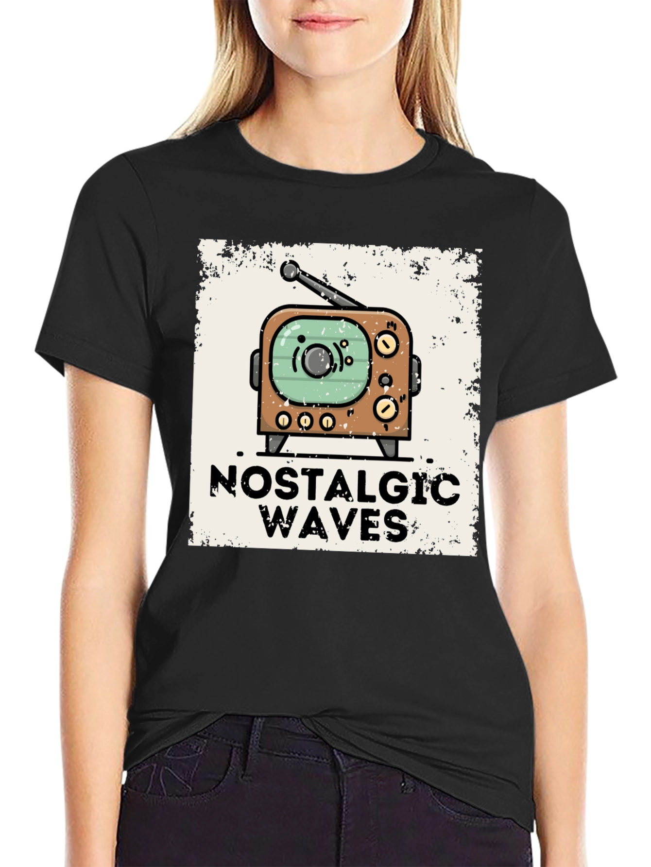 Nostalgic Waves Retro TV Graphic Tee - Black