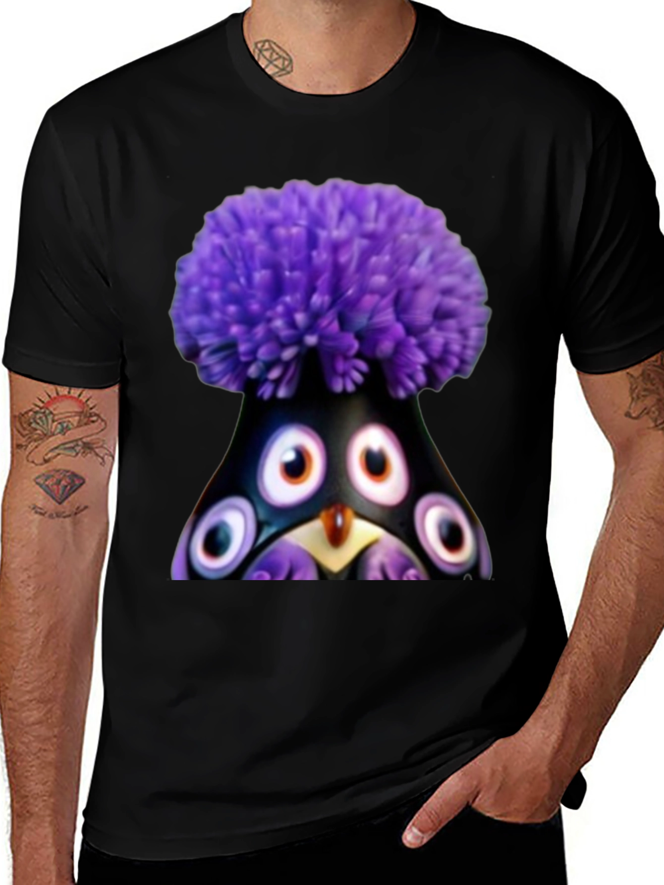 Whimsical Purple Pompom Monster Graphic Tee