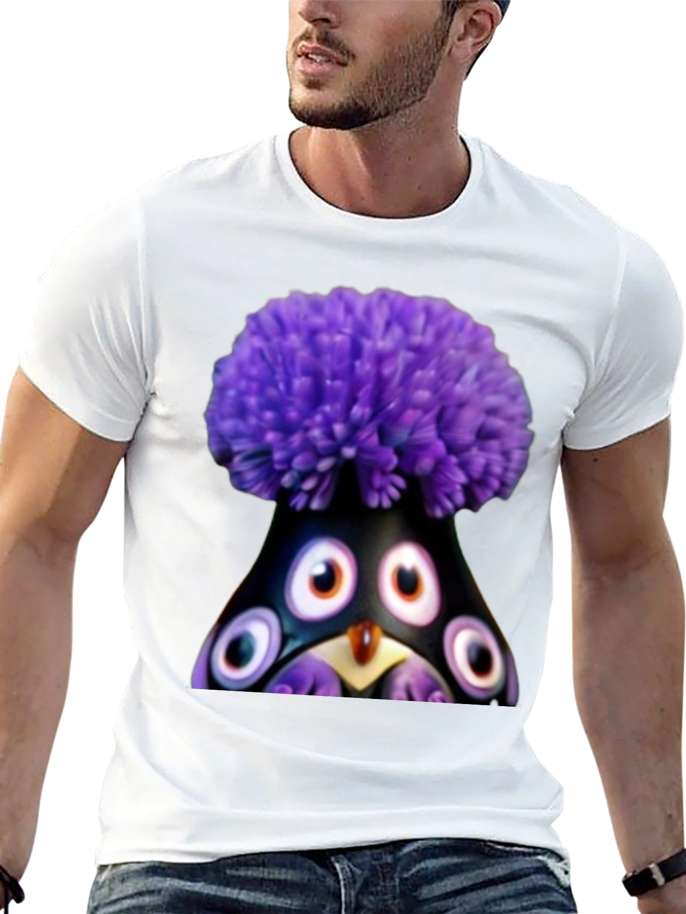 Whimsical Purple Pompom Monster Graphic Tee