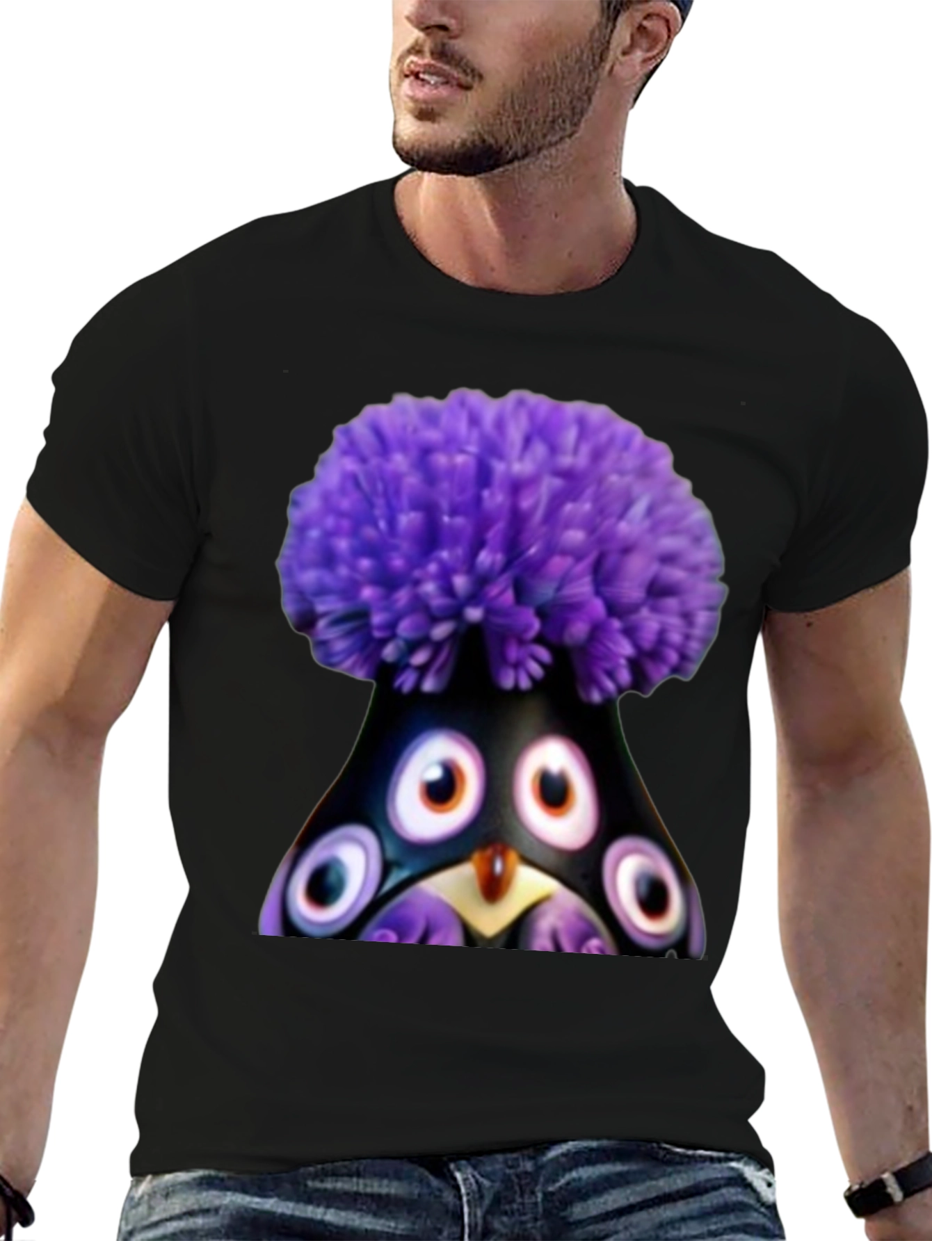 Whimsical Purple Pompom Monster Graphic Tee