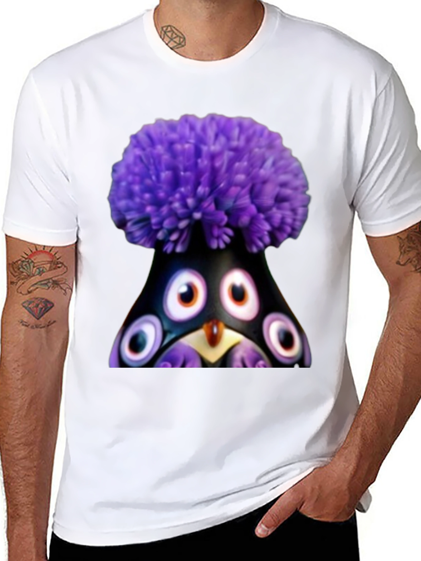 Whimsical Purple Pompom Monster Graphic Tee