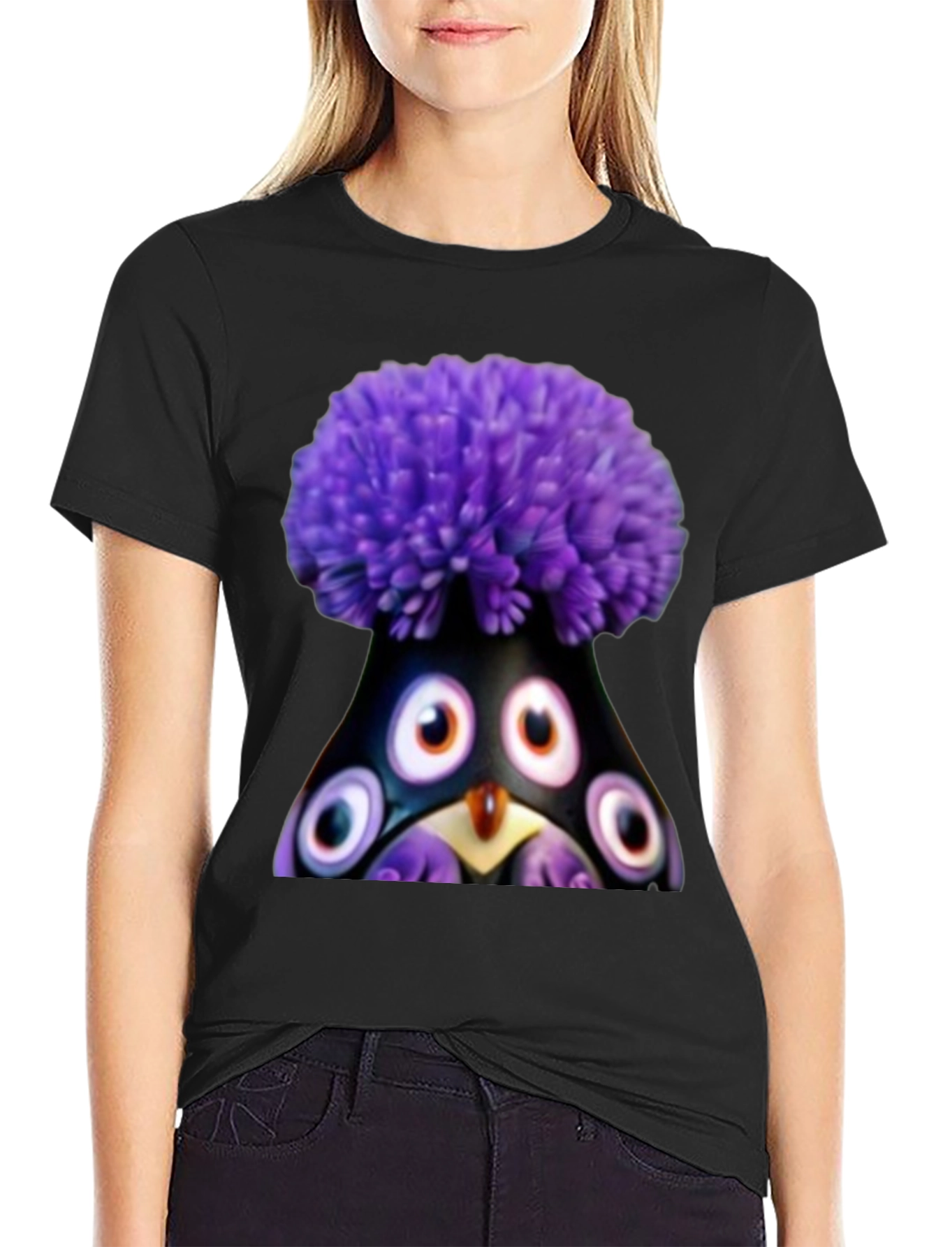 Whimsical Purple Pompom Monster Graphic Tee
