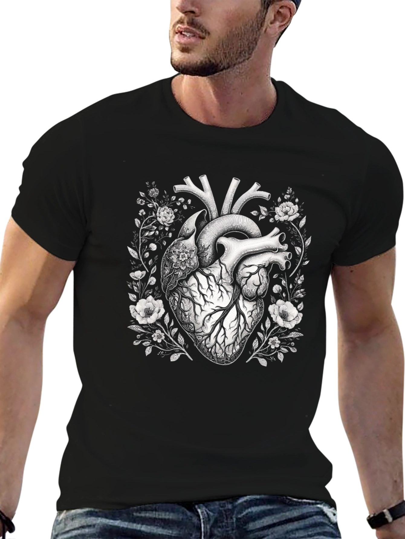 Anatomical Heart Floral Black T-Shirt
