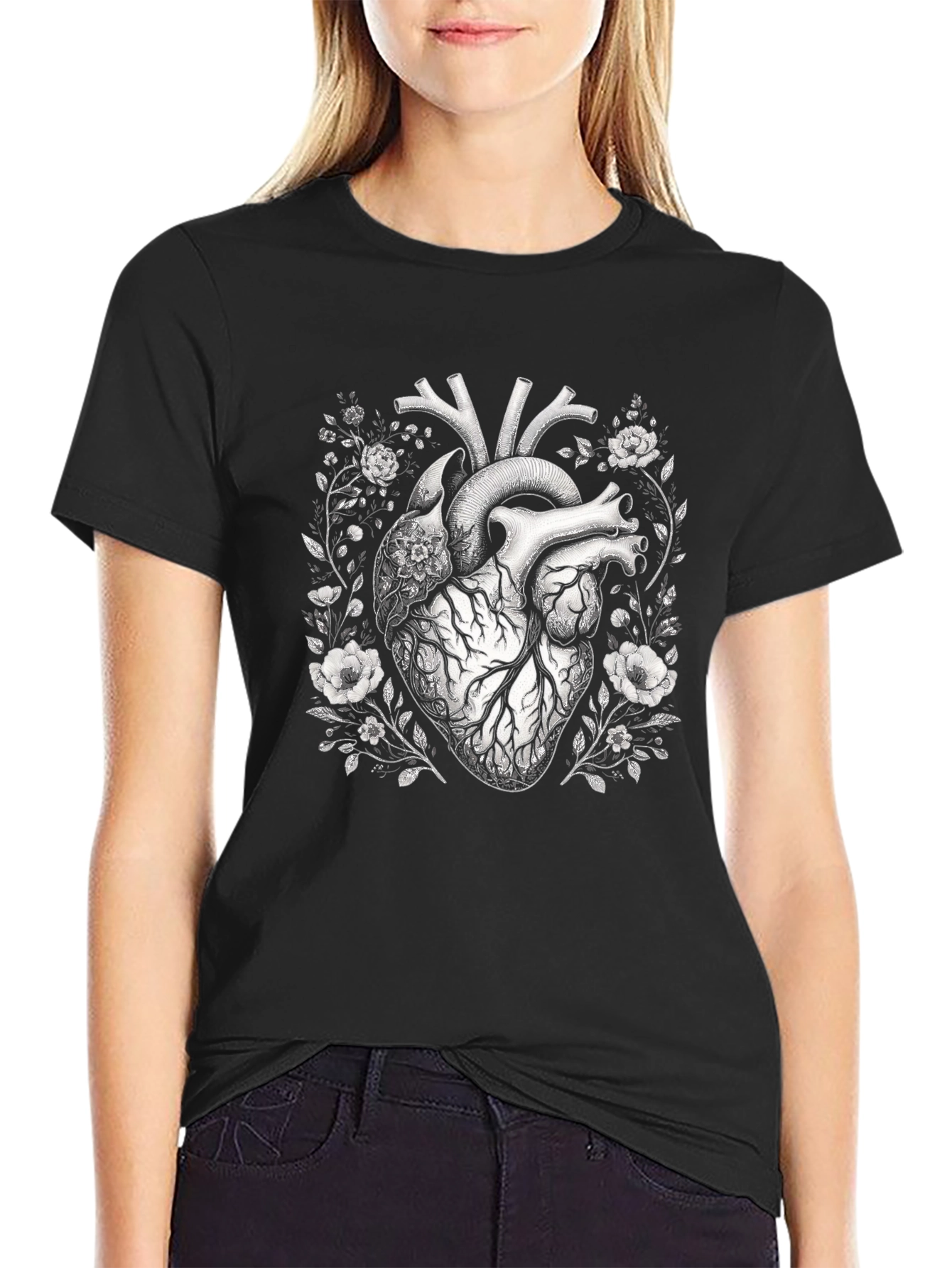 Anatomical Heart Floral Black T-Shirt