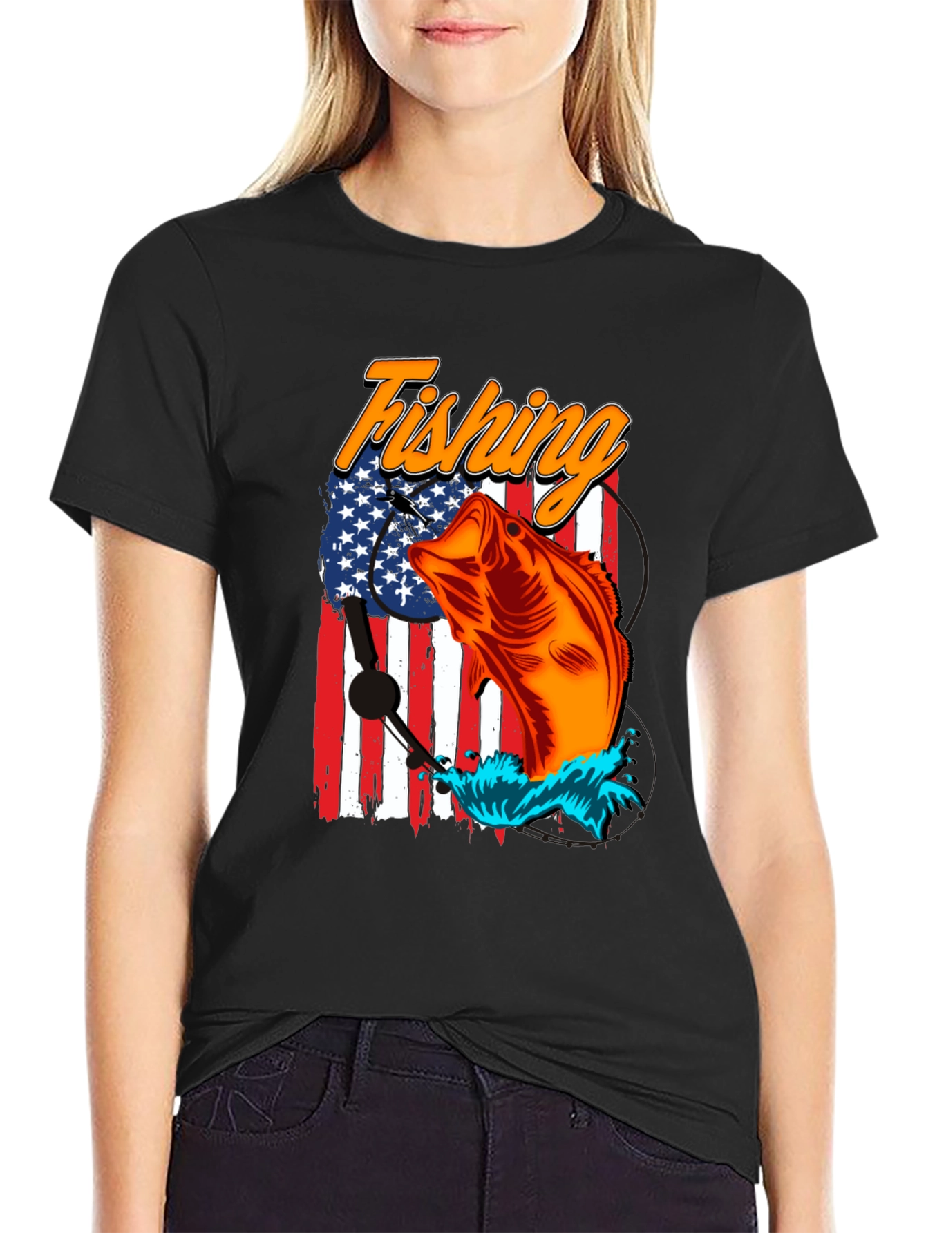 Fishing USA Flag Graphic Print Tee