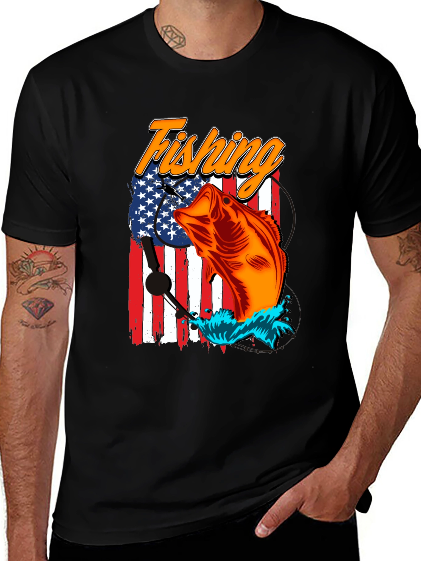 Fishing USA Flag Graphic Print Tee