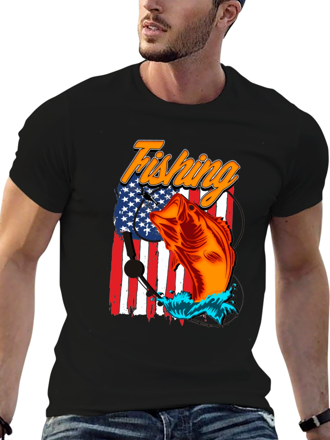 Fishing USA Flag Graphic Print Tee