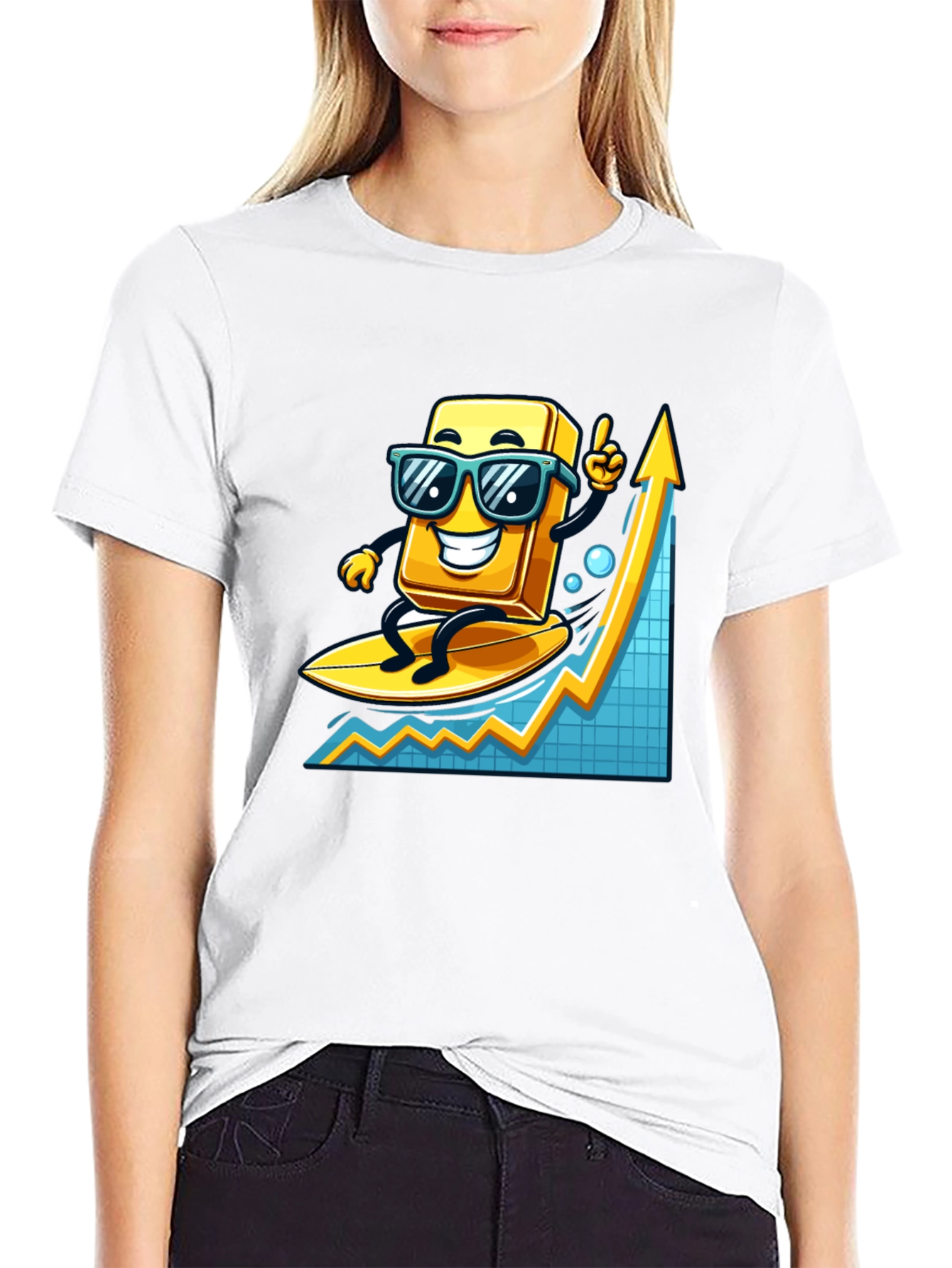 Surfing Gold Bull Graphic T-Shirt - Trendy Investment Tee