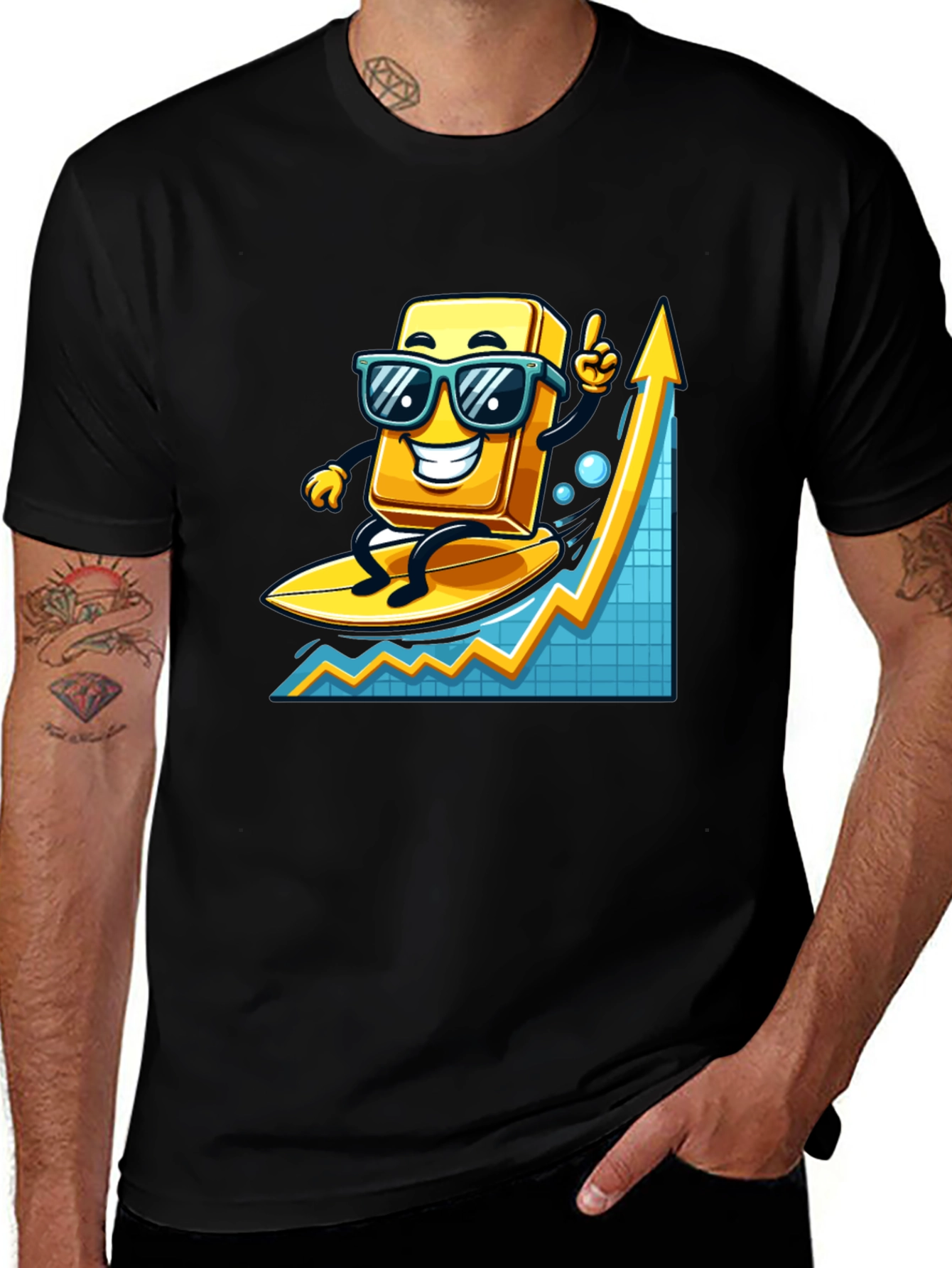Surfing Gold Bull Graphic T-Shirt - Trendy Investment Tee