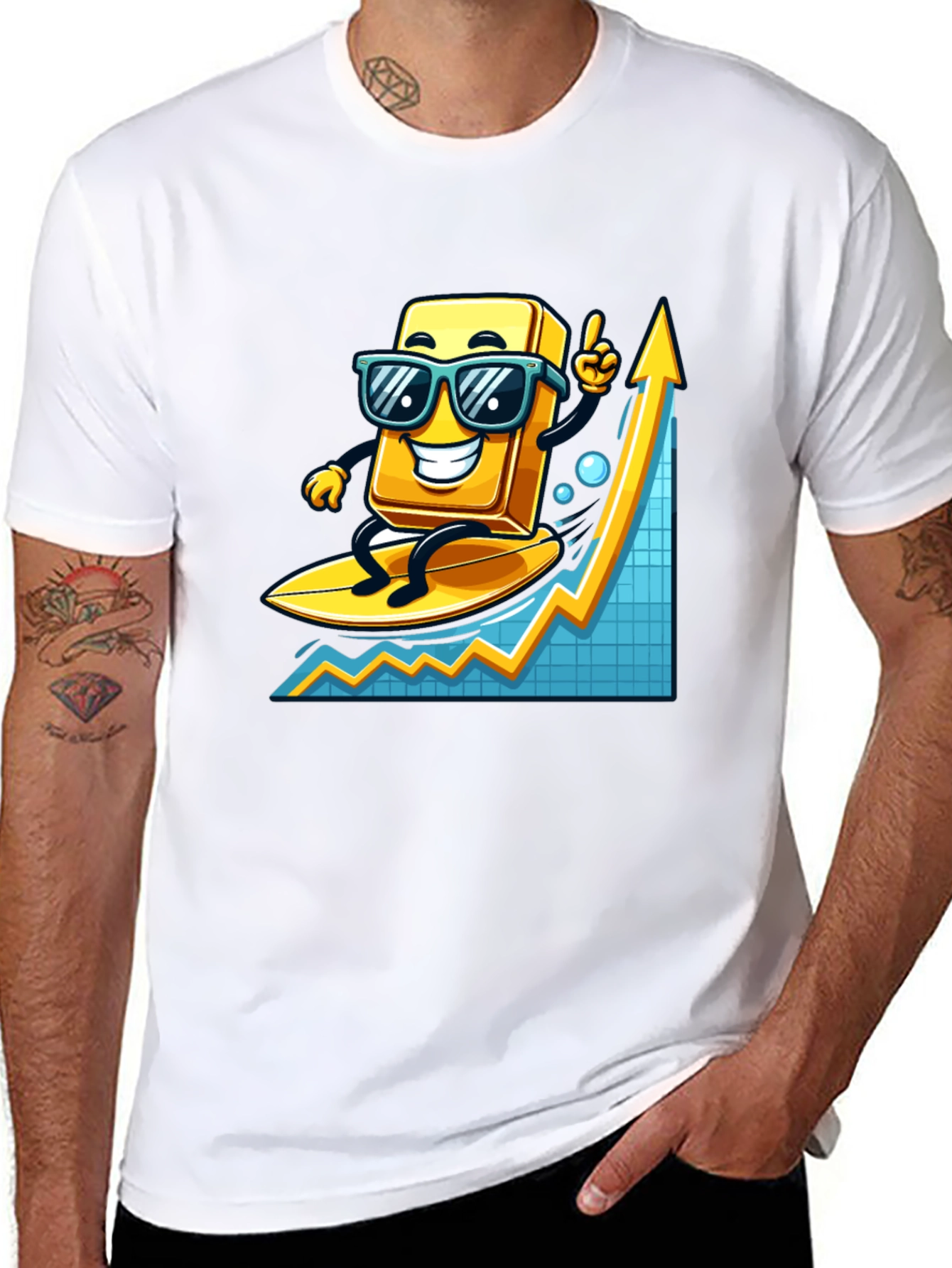 Surfing Gold Bull Graphic T-Shirt - Trendy Investment Tee