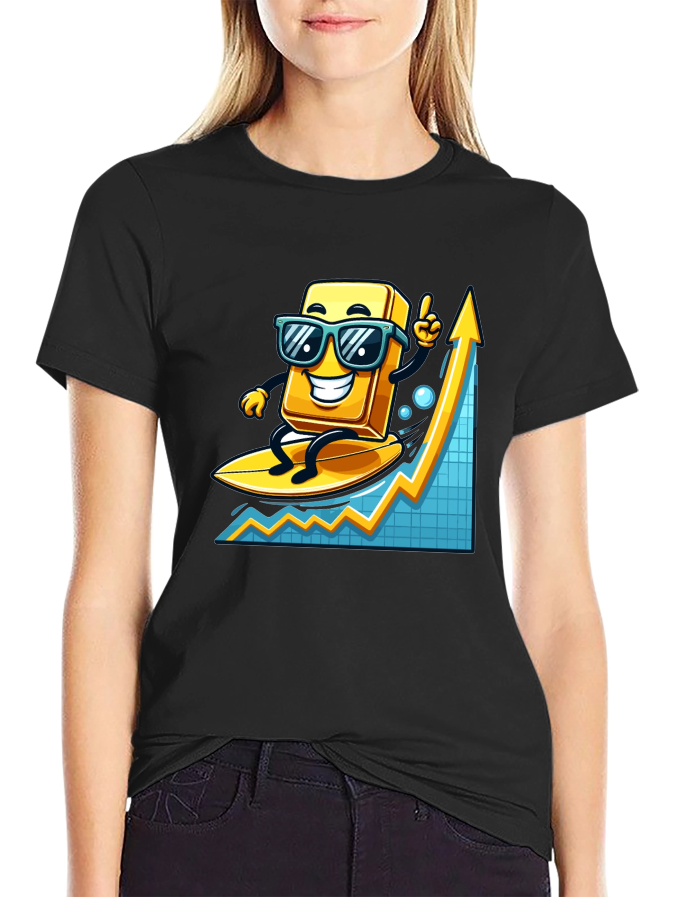 Surfing Gold Bull Graphic T-Shirt - Trendy Investment Tee