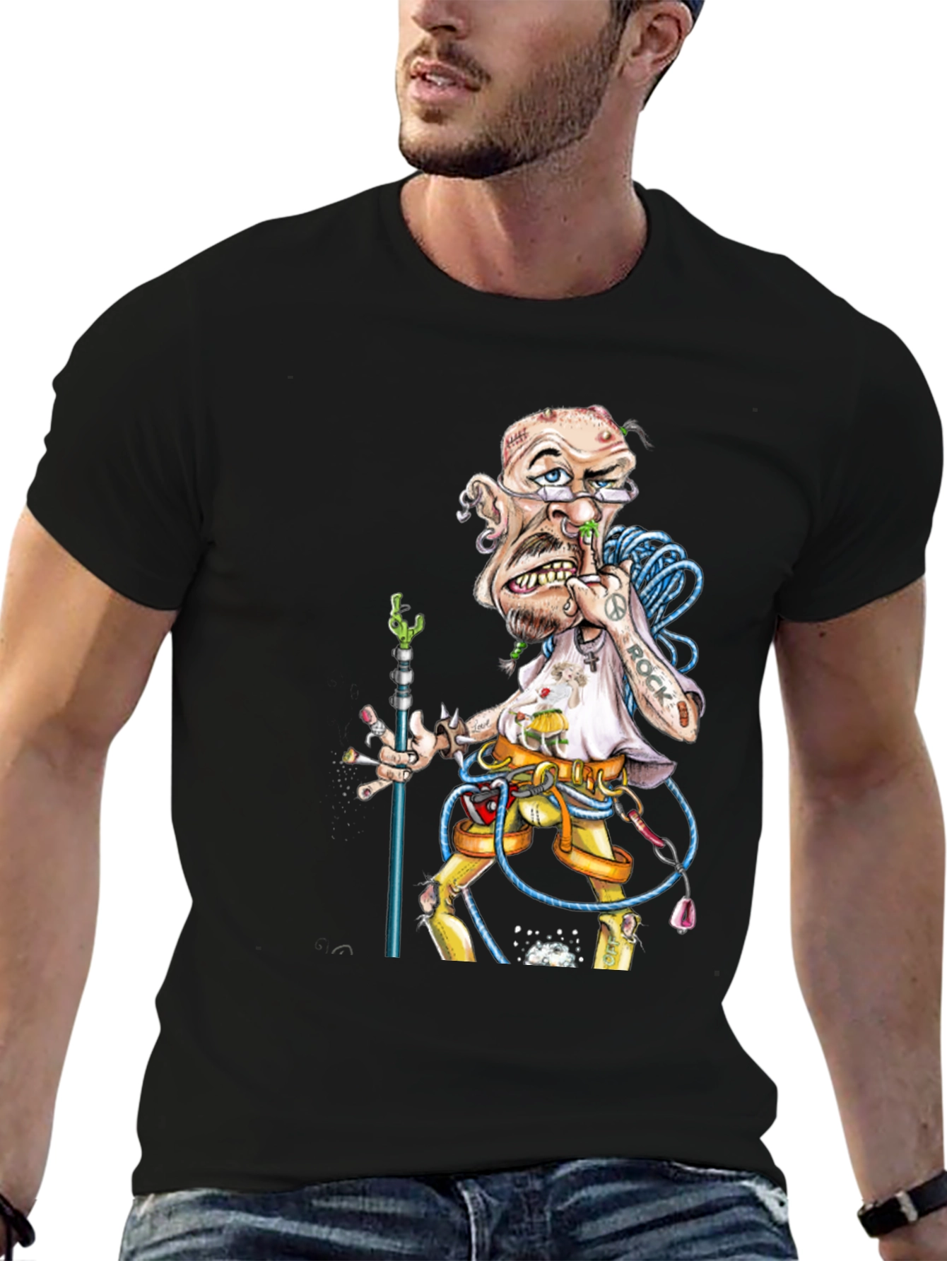 Cartoon Rock Climber Graphic Tee - Black