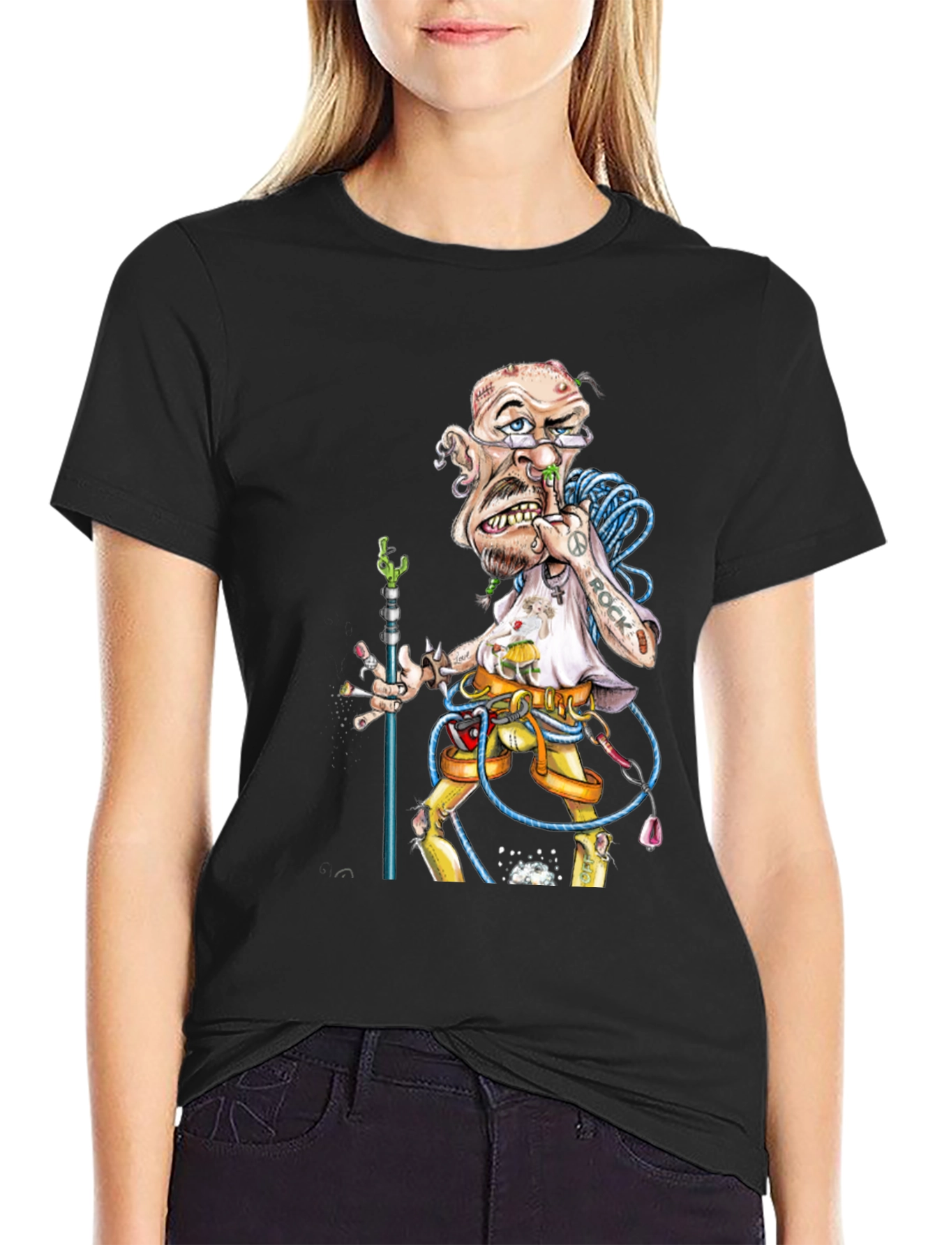 Cartoon Rock Climber Graphic Tee - Black