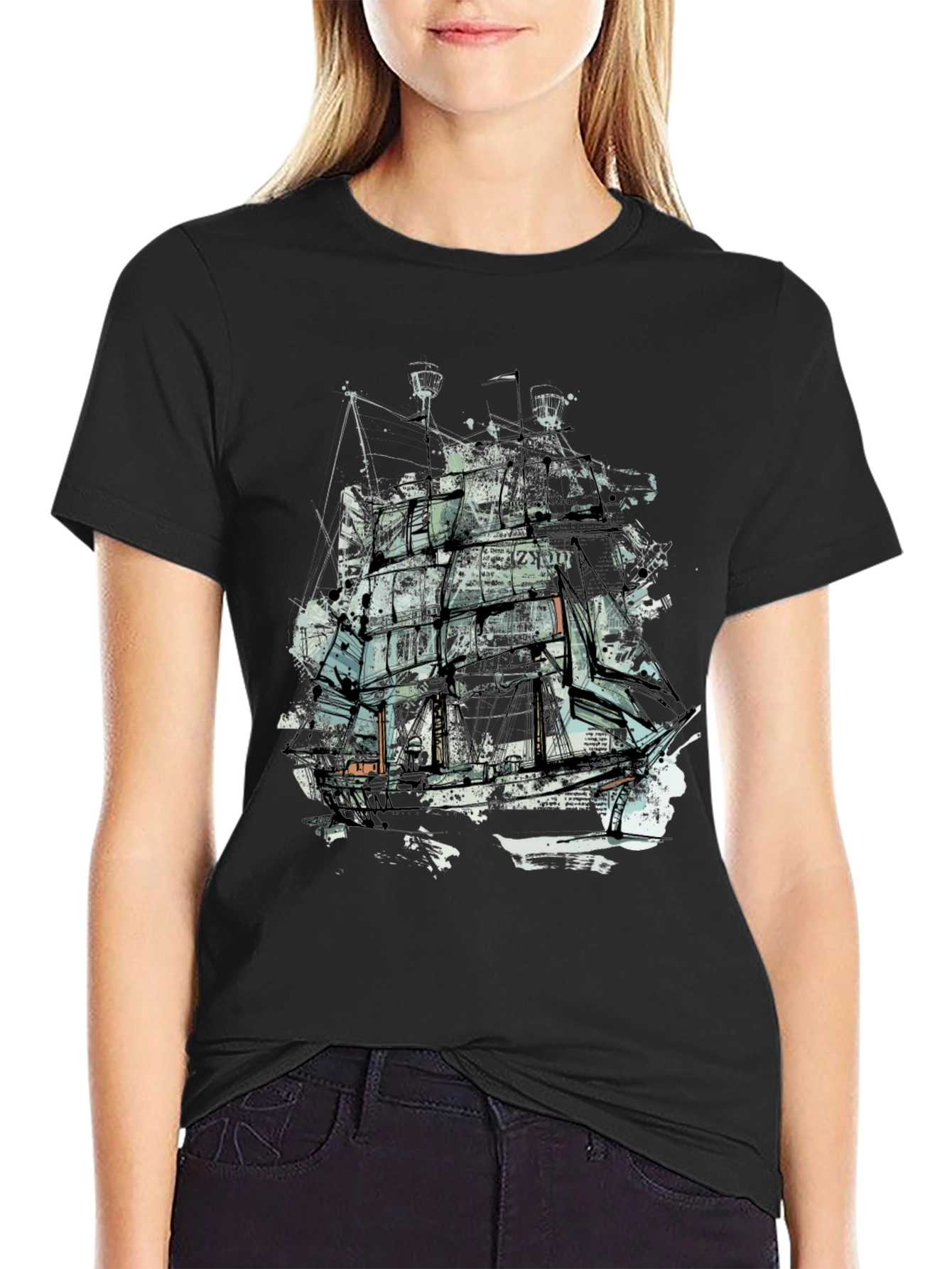 Abstract Ship Graphic Tee - Crew Neck Black T-Shirt