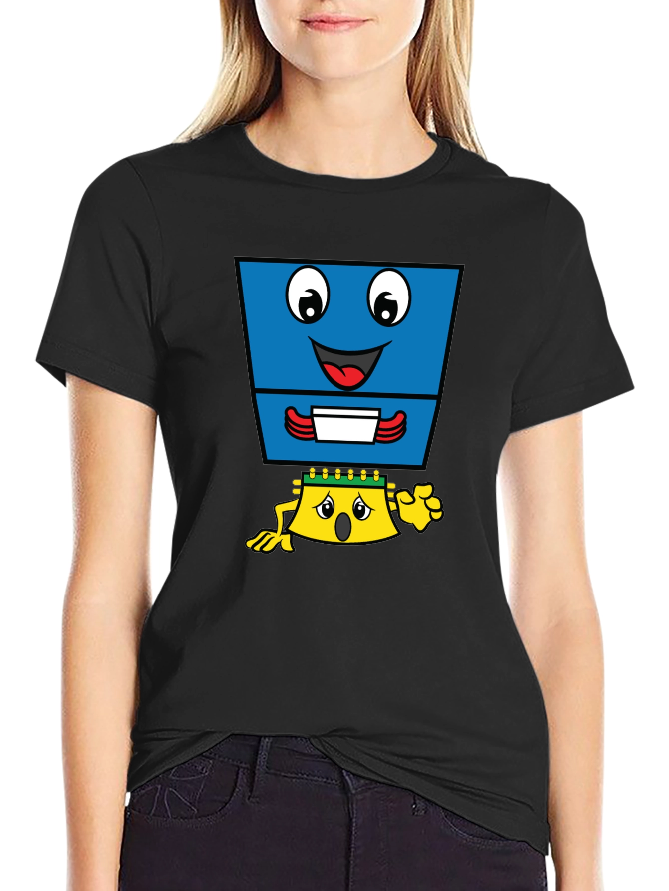 Funny Cartoon Character Graphic T-Shirt - Black