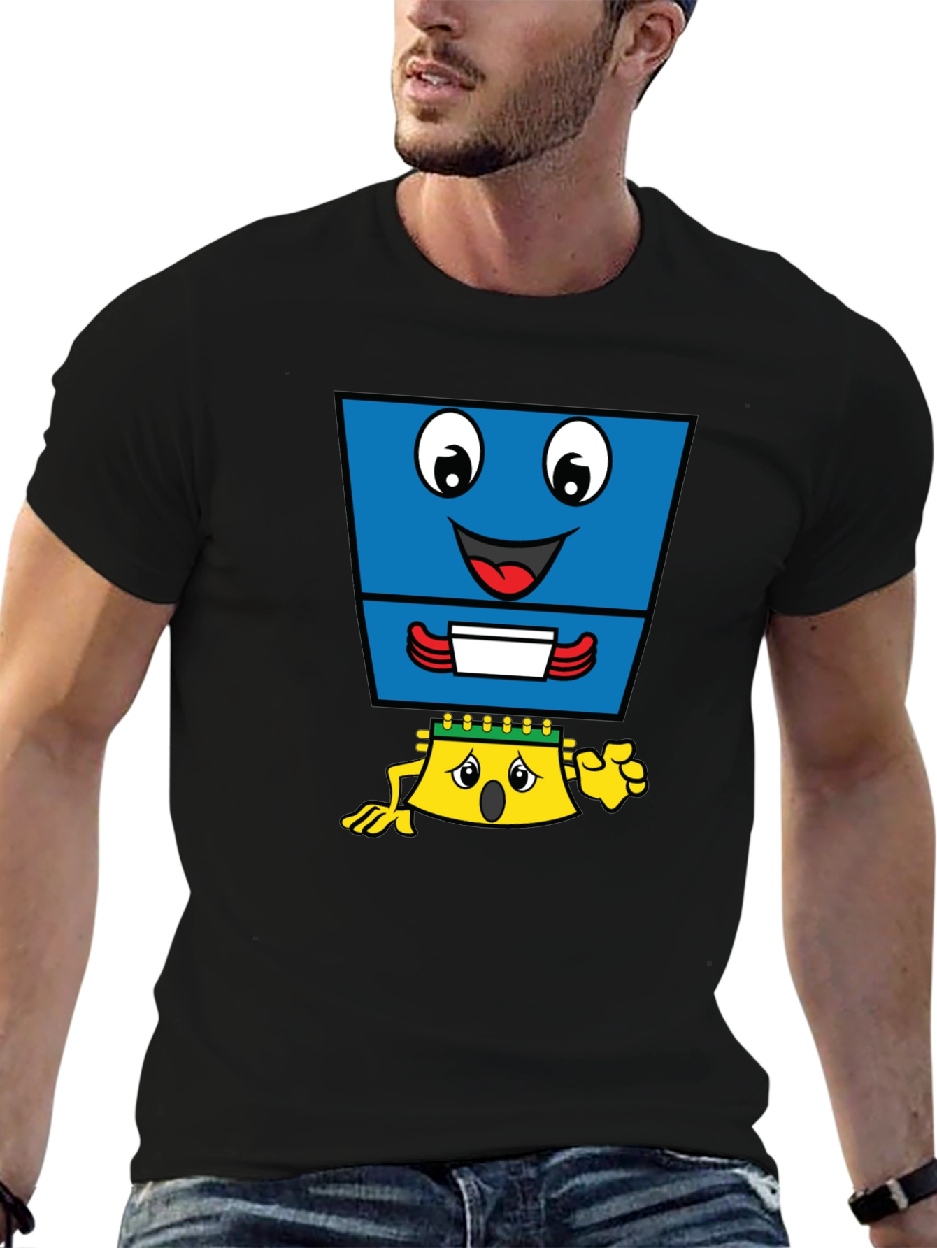 Funny Cartoon Character Graphic T-Shirt - Black