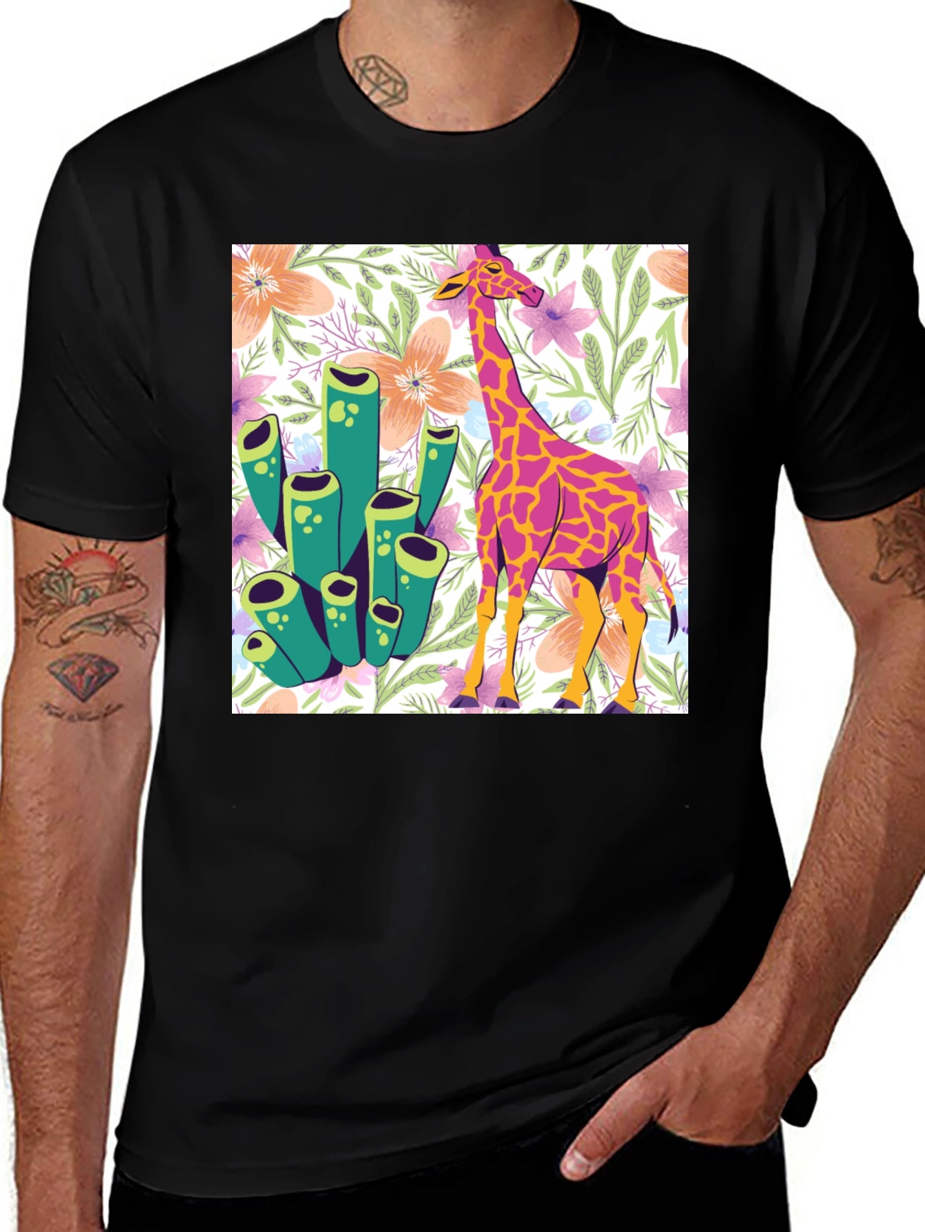 Floral Giraffe Graphic Tee - Unique Design