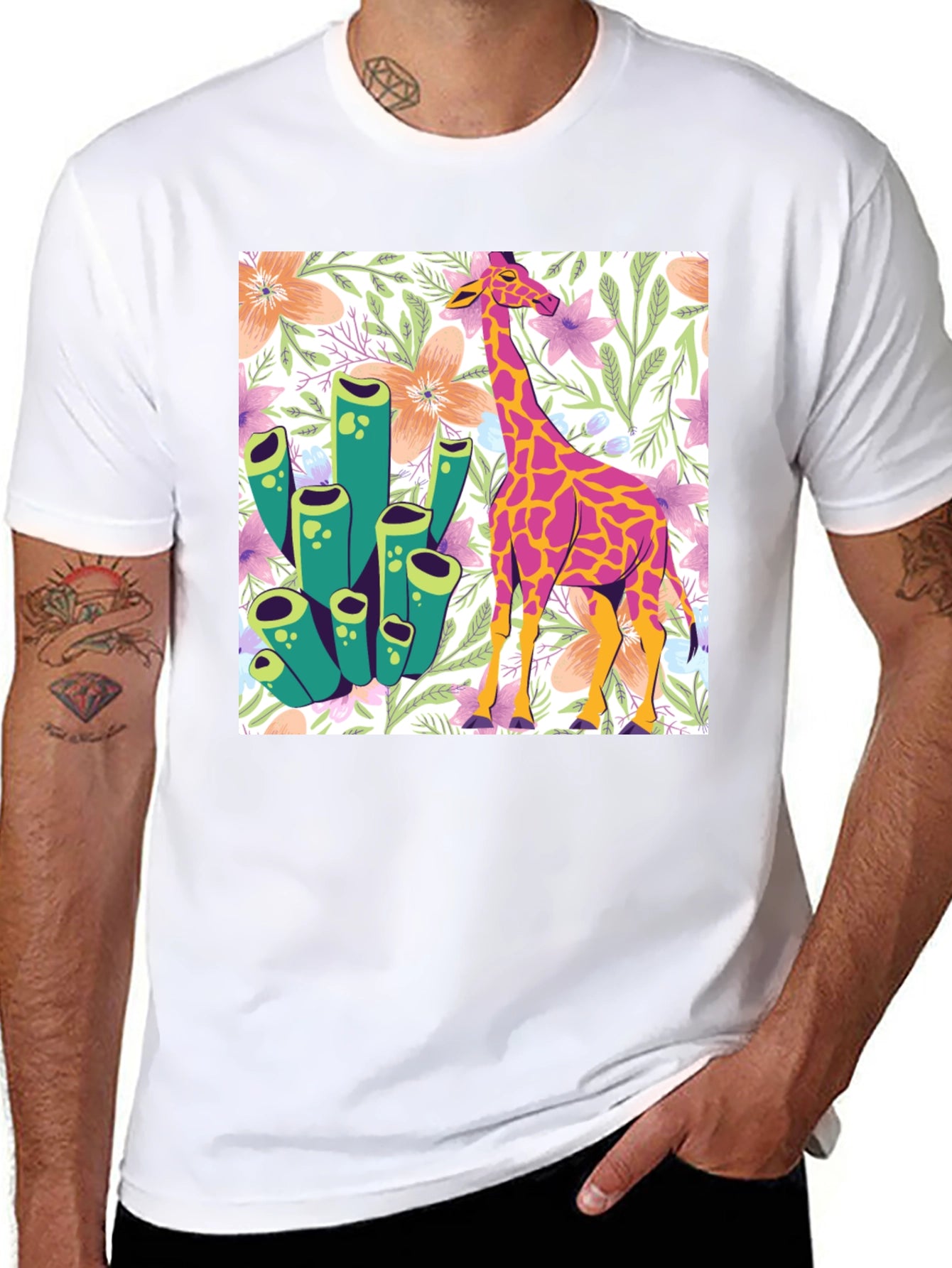 Floral Giraffe Graphic Tee - Unique Design