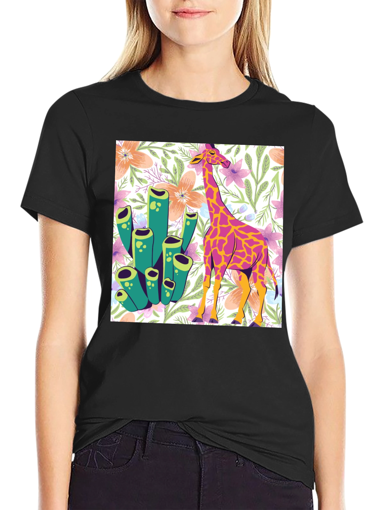 Floral Giraffe Graphic Tee - Unique Design