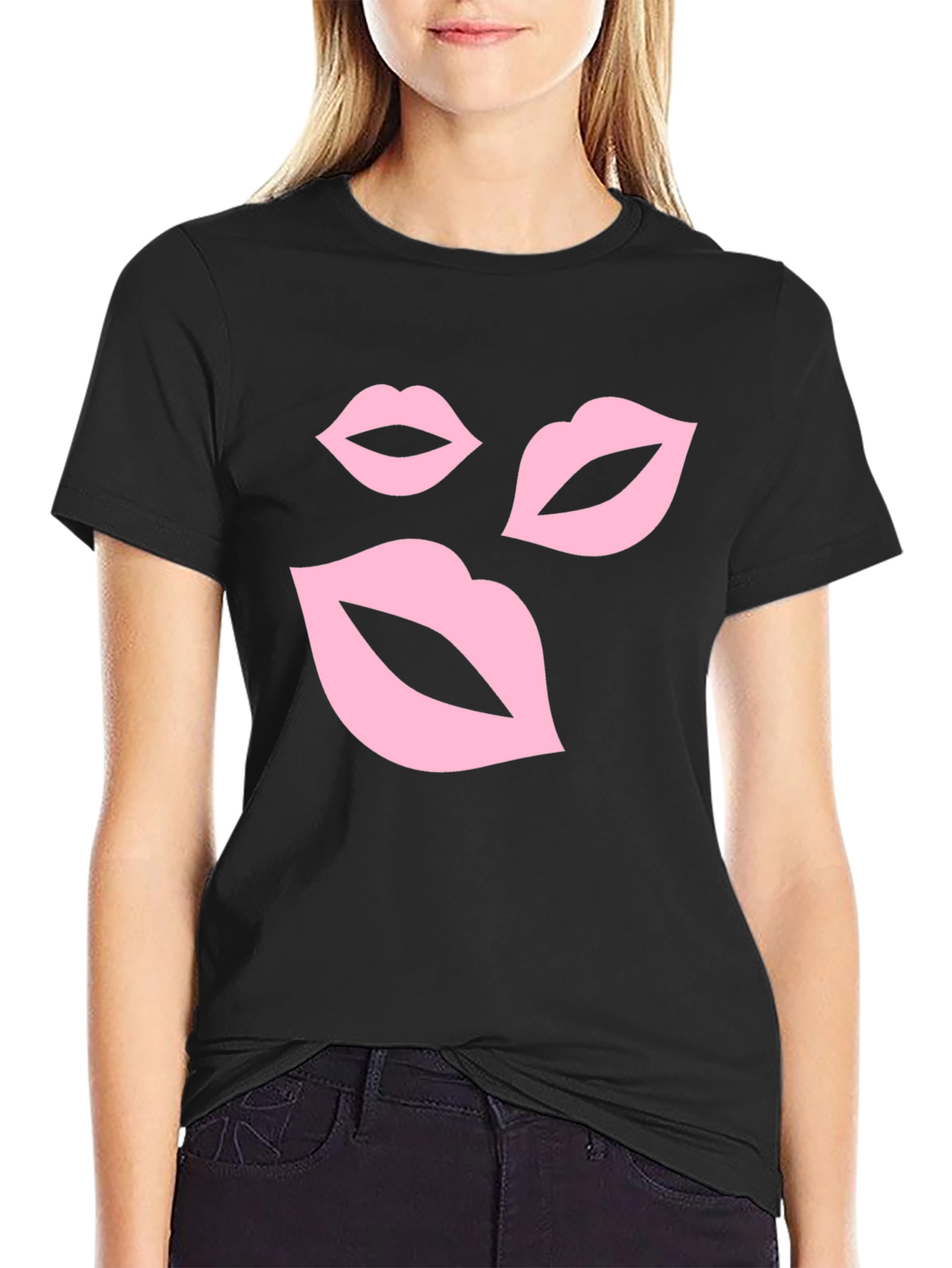 Pink Lips Graphic Black T-Shirt