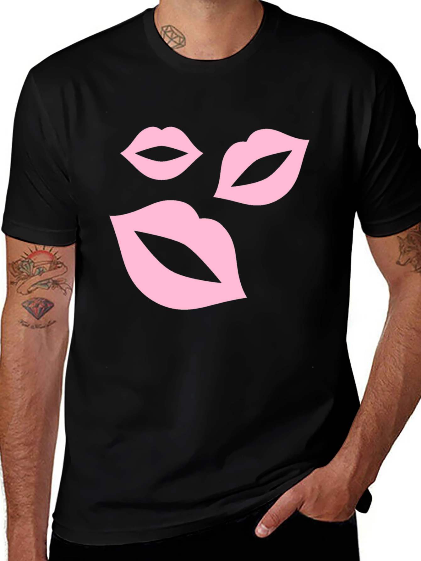 Pink Lips Graphic Black T-Shirt