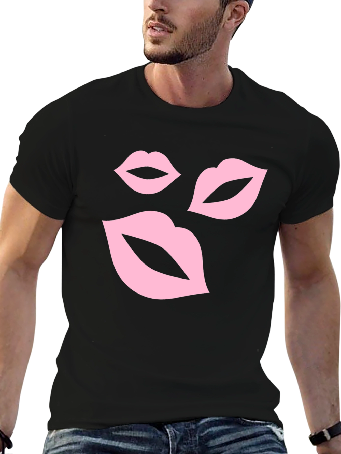Pink Lips Graphic Black T-Shirt