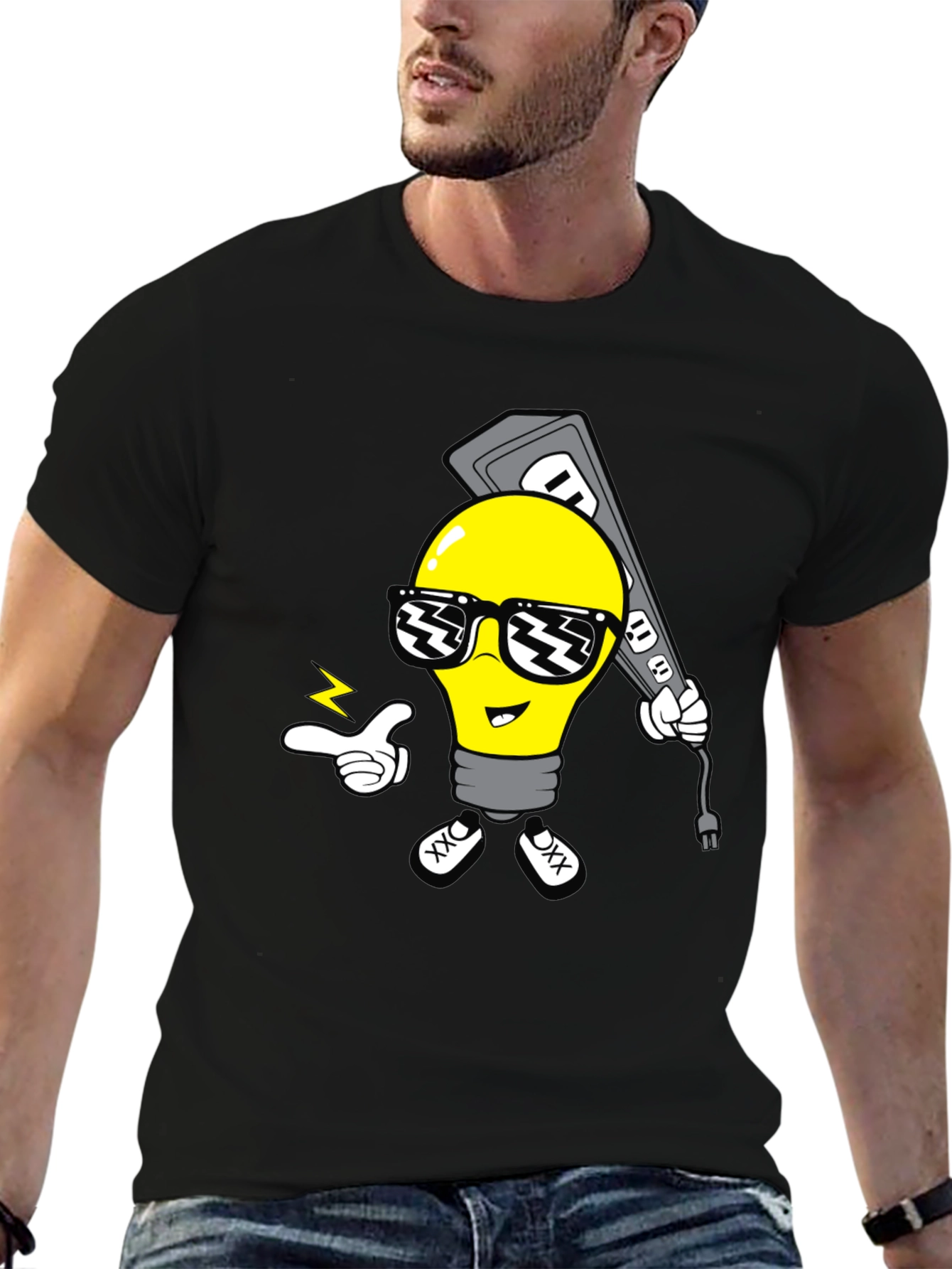 Cool Cartoon Light Bulb Black T-Shirt