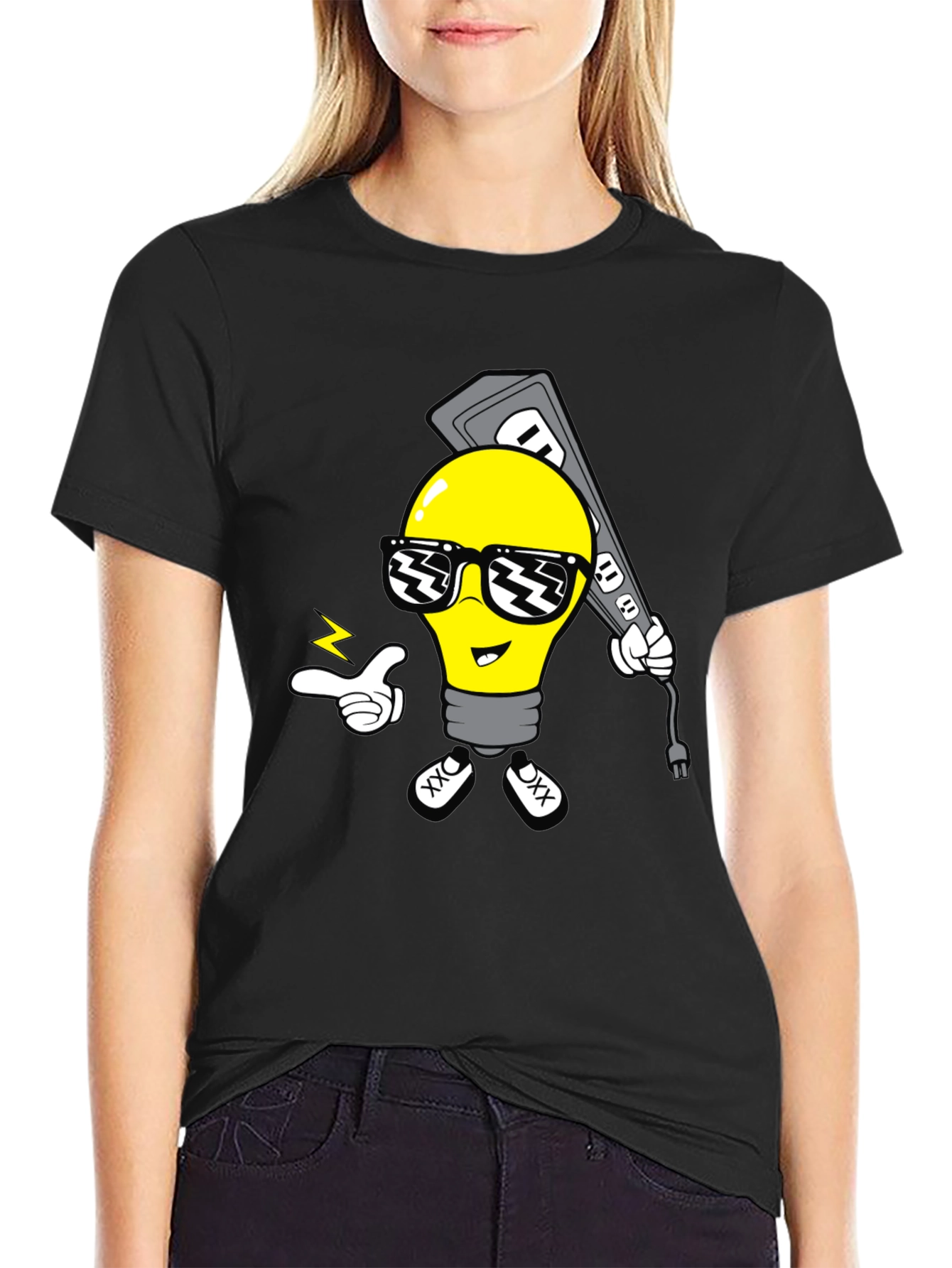 Cool Cartoon Light Bulb Black T-Shirt