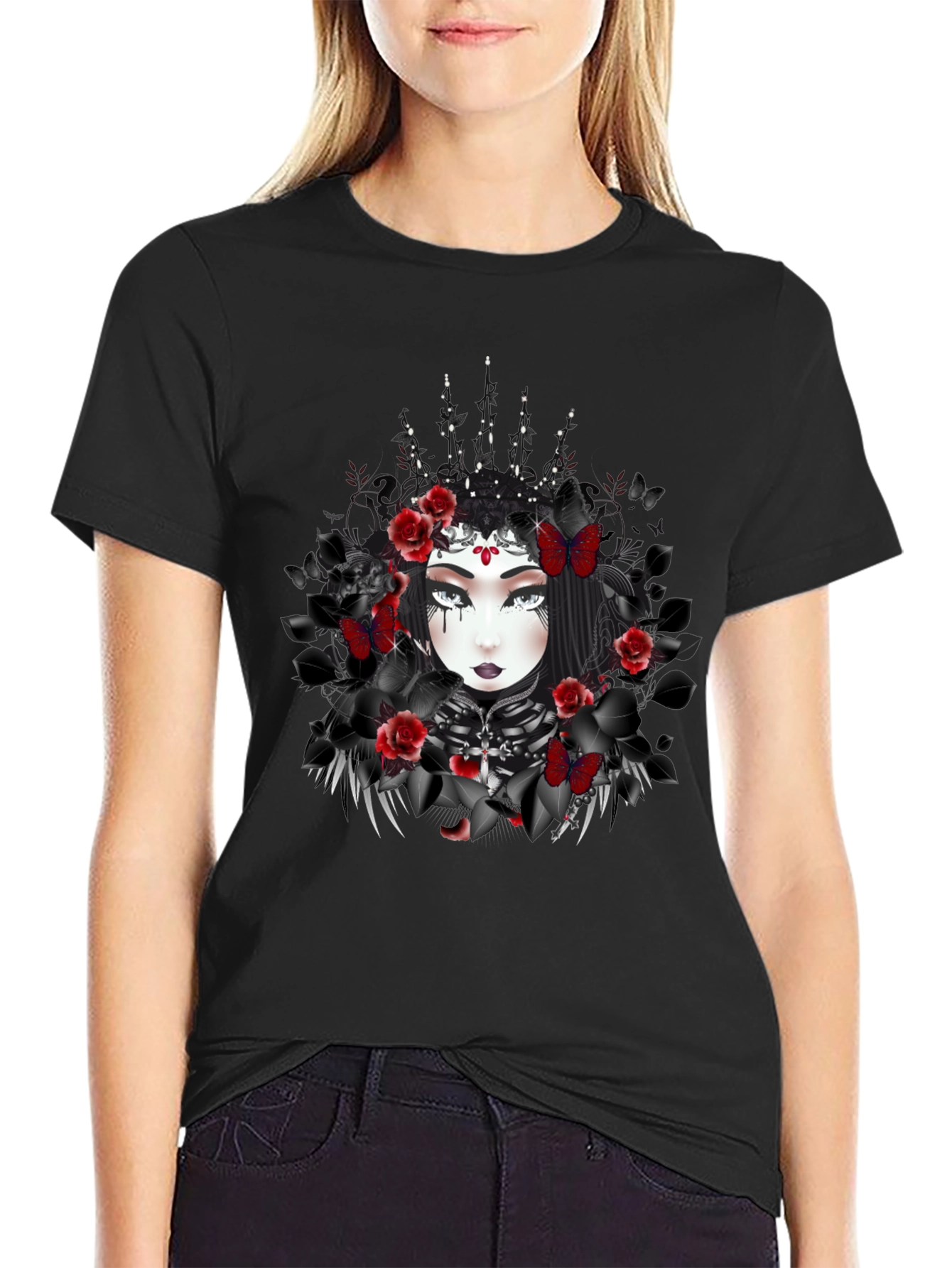 Gothic Queen T-Shirt: Dark Floral & Butterfly Design