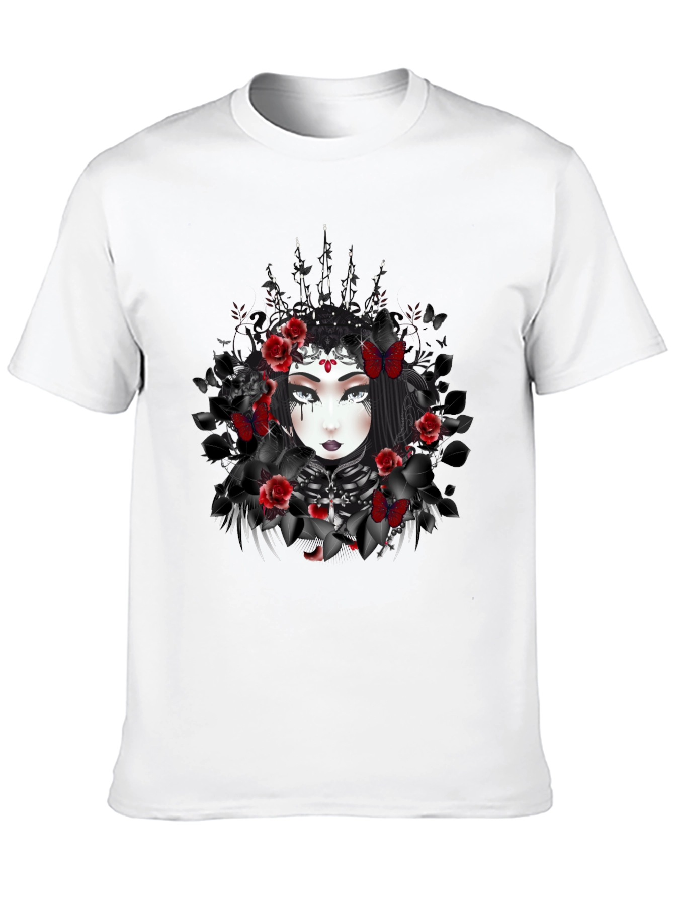 Gothic Queen T-Shirt: Dark Floral & Butterfly Design
