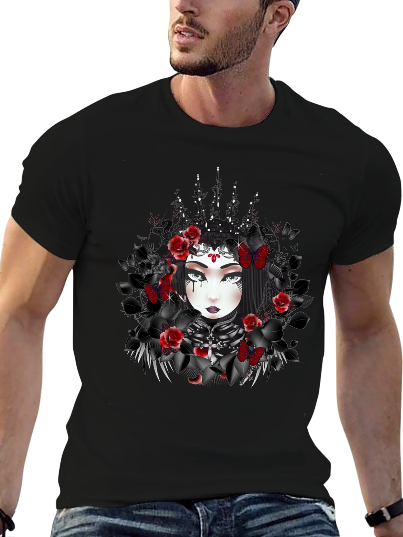 Gothic Queen T-Shirt: Dark Floral & Butterfly Design