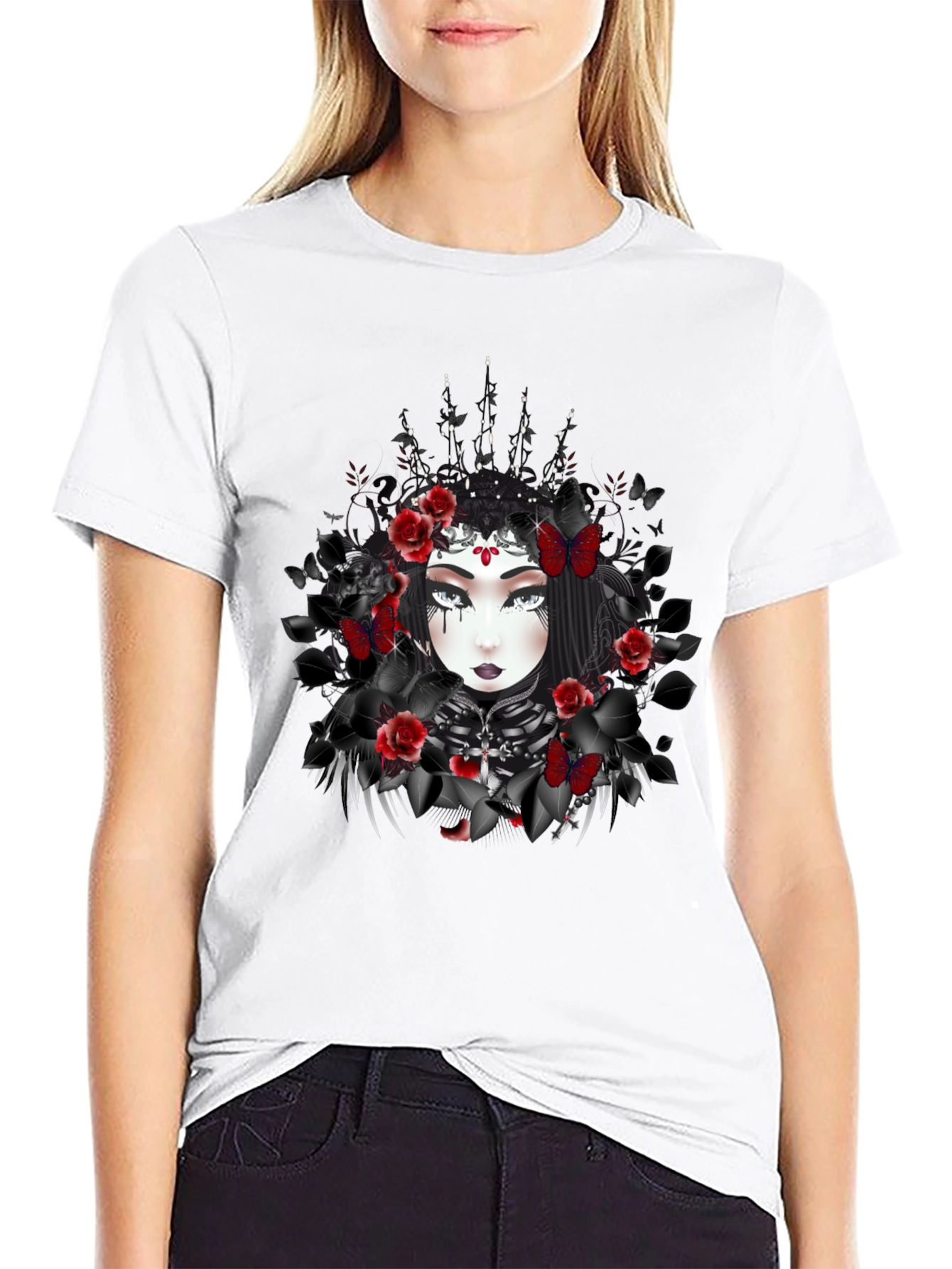 Gothic Queen T-Shirt: Dark Floral & Butterfly Design