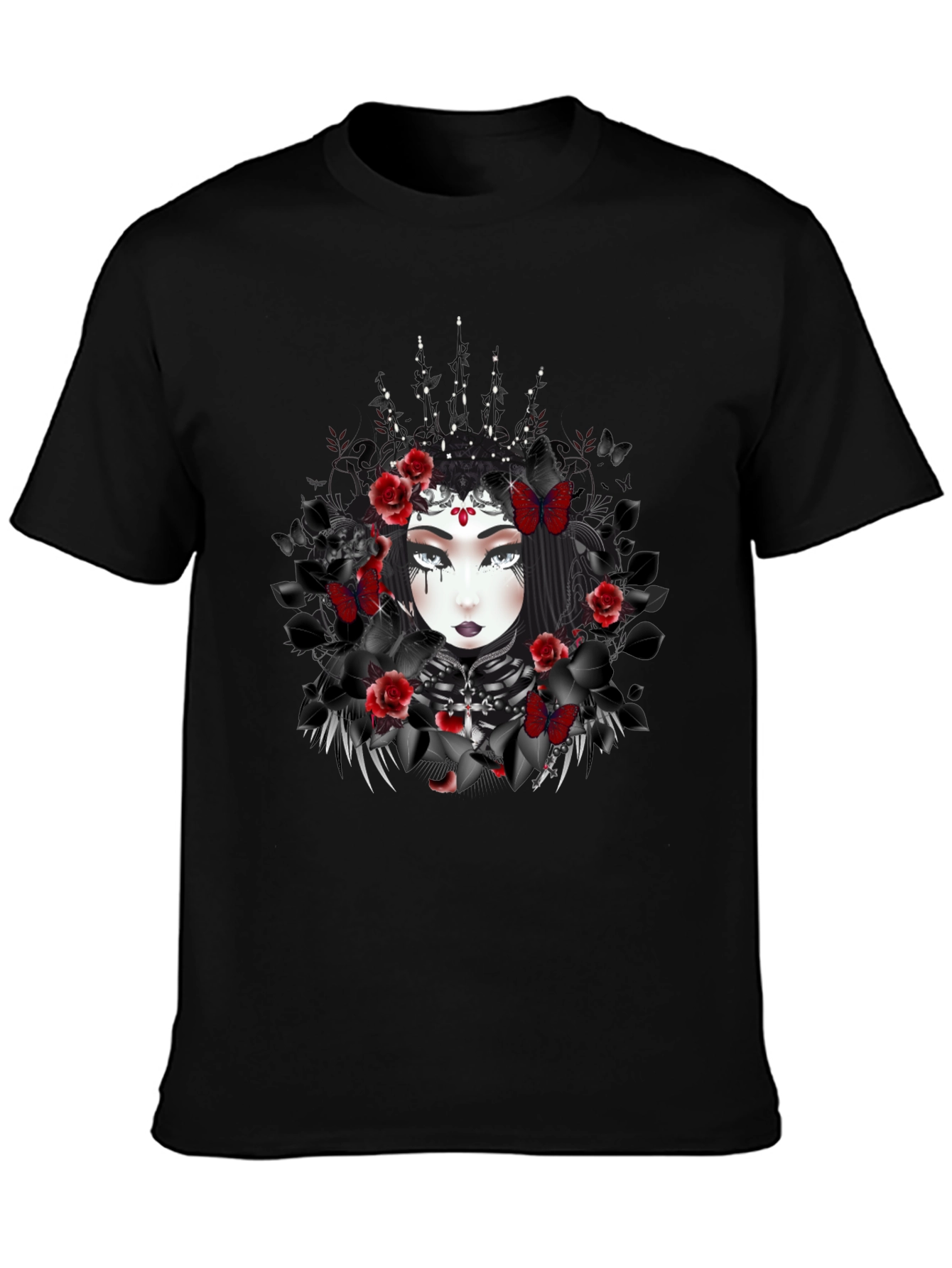 Gothic Queen T-Shirt: Dark Floral & Butterfly Design