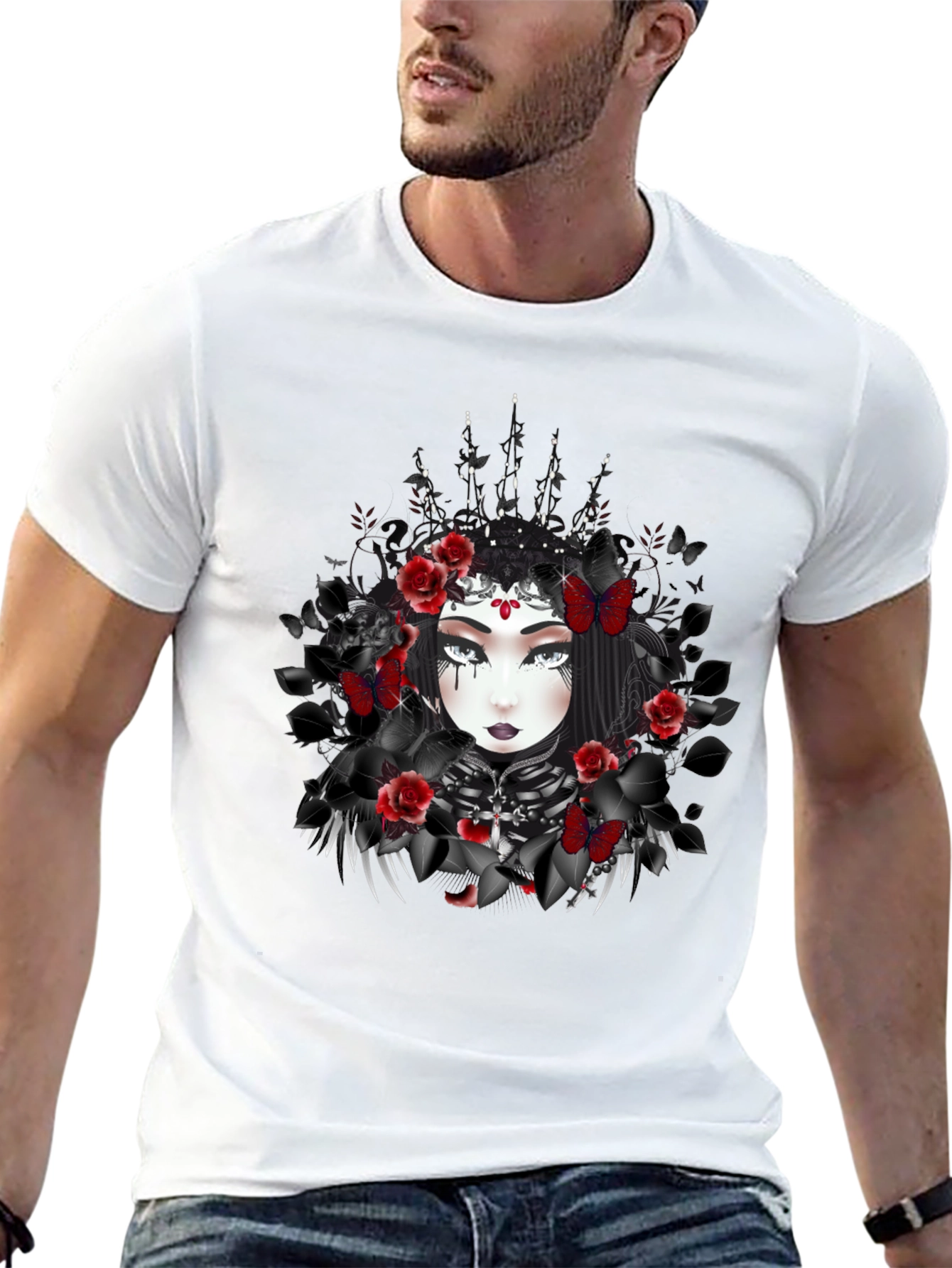 Gothic Queen T-Shirt: Dark Floral & Butterfly Design