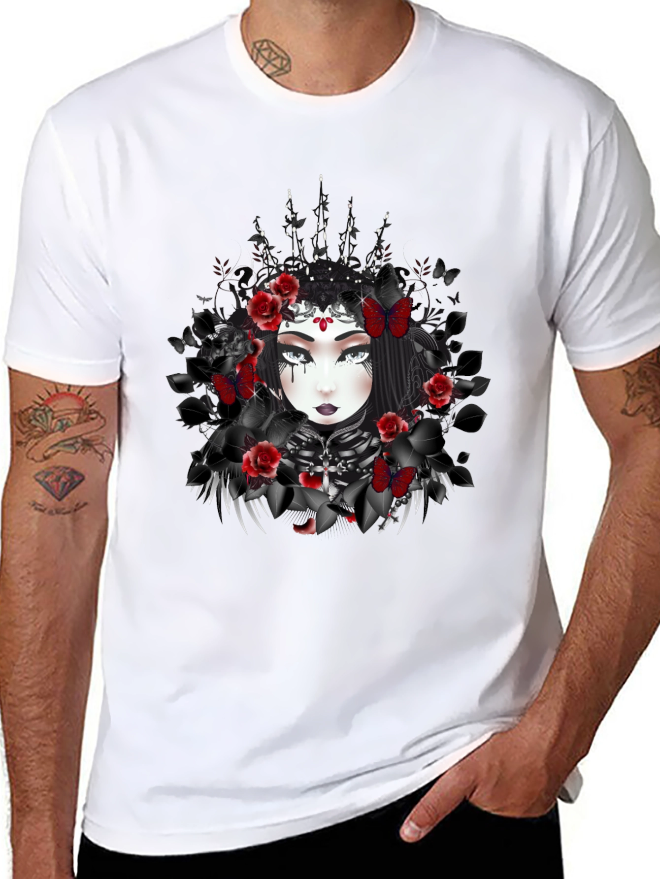 Gothic Queen T-Shirt: Dark Floral & Butterfly Design