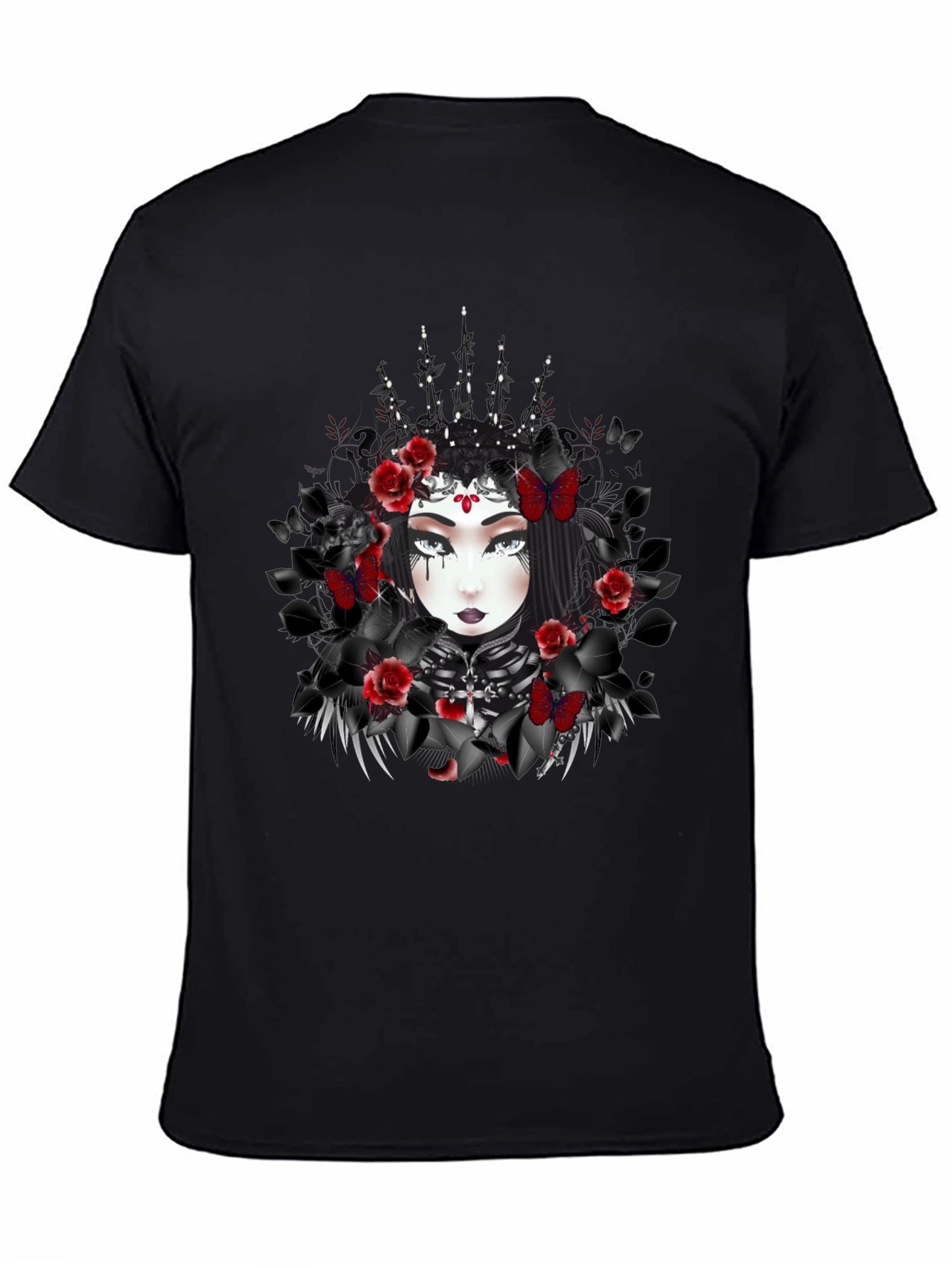 Gothic Queen T-Shirt: Dark Floral & Butterfly Design