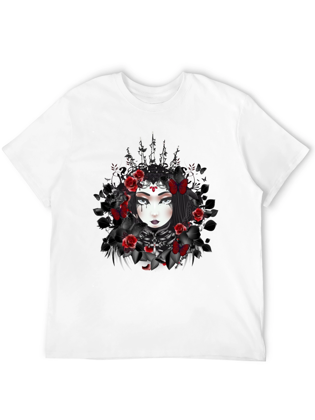 Gothic Queen T-Shirt: Dark Floral & Butterfly Design