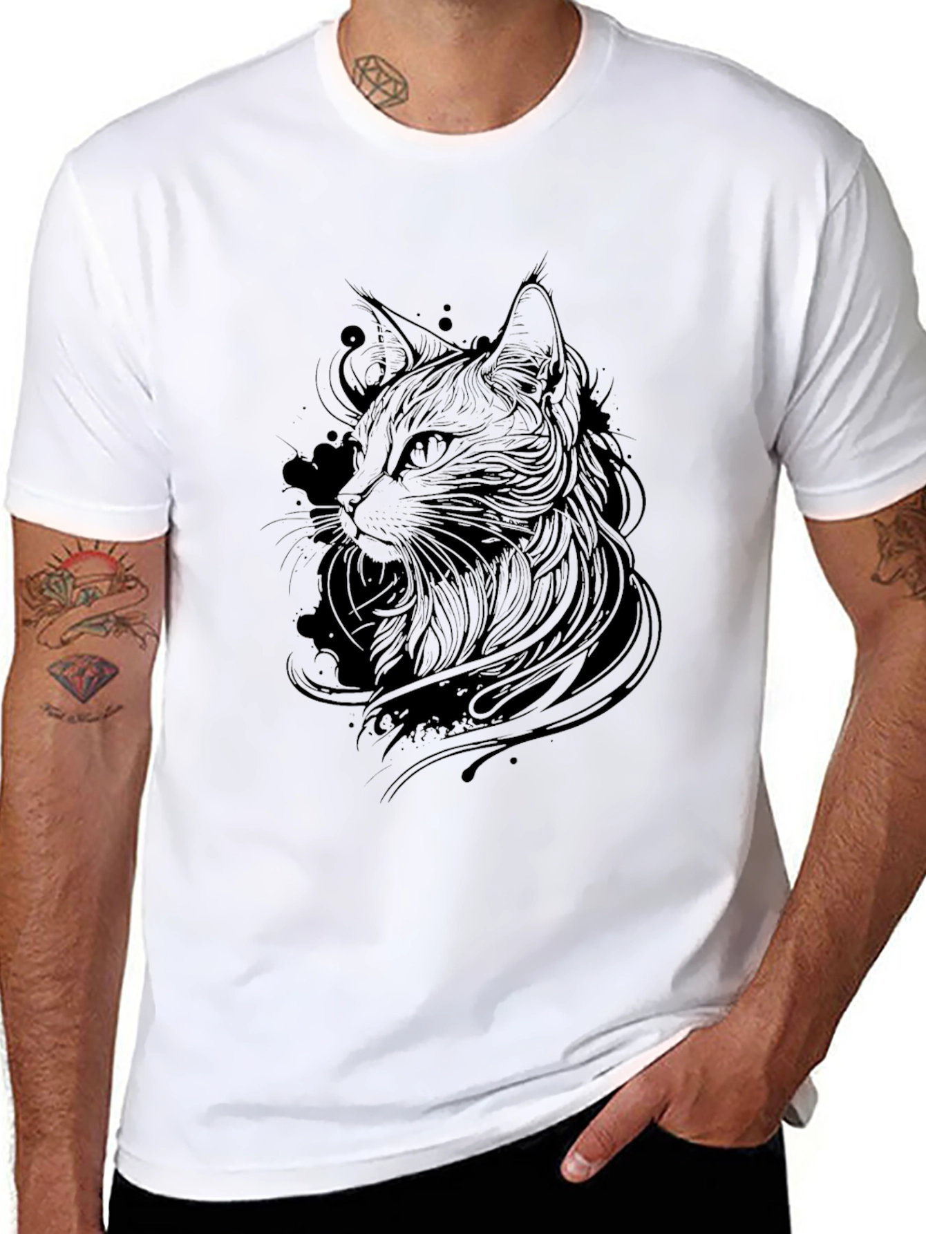 Black Cat Line Art Graphic Tee - Mens