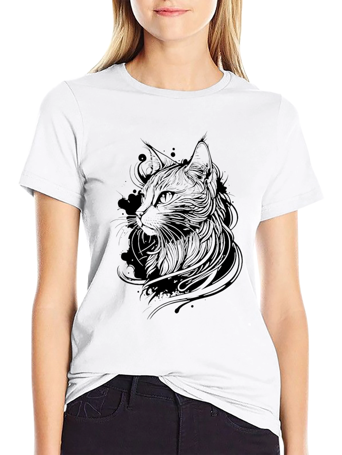 Black Cat Line Art Graphic Tee - Mens