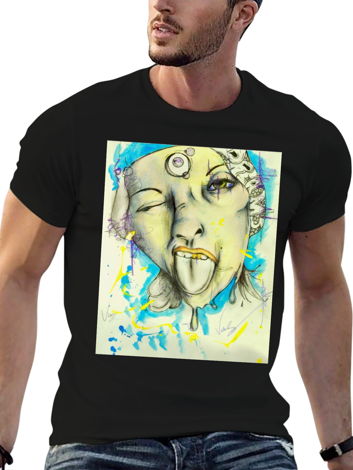 Unique Graphic Print Black Tee