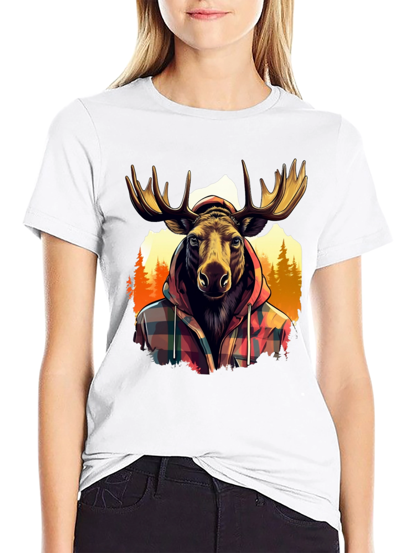 Moose in Plaid Hoodie Graphic T-Shirt